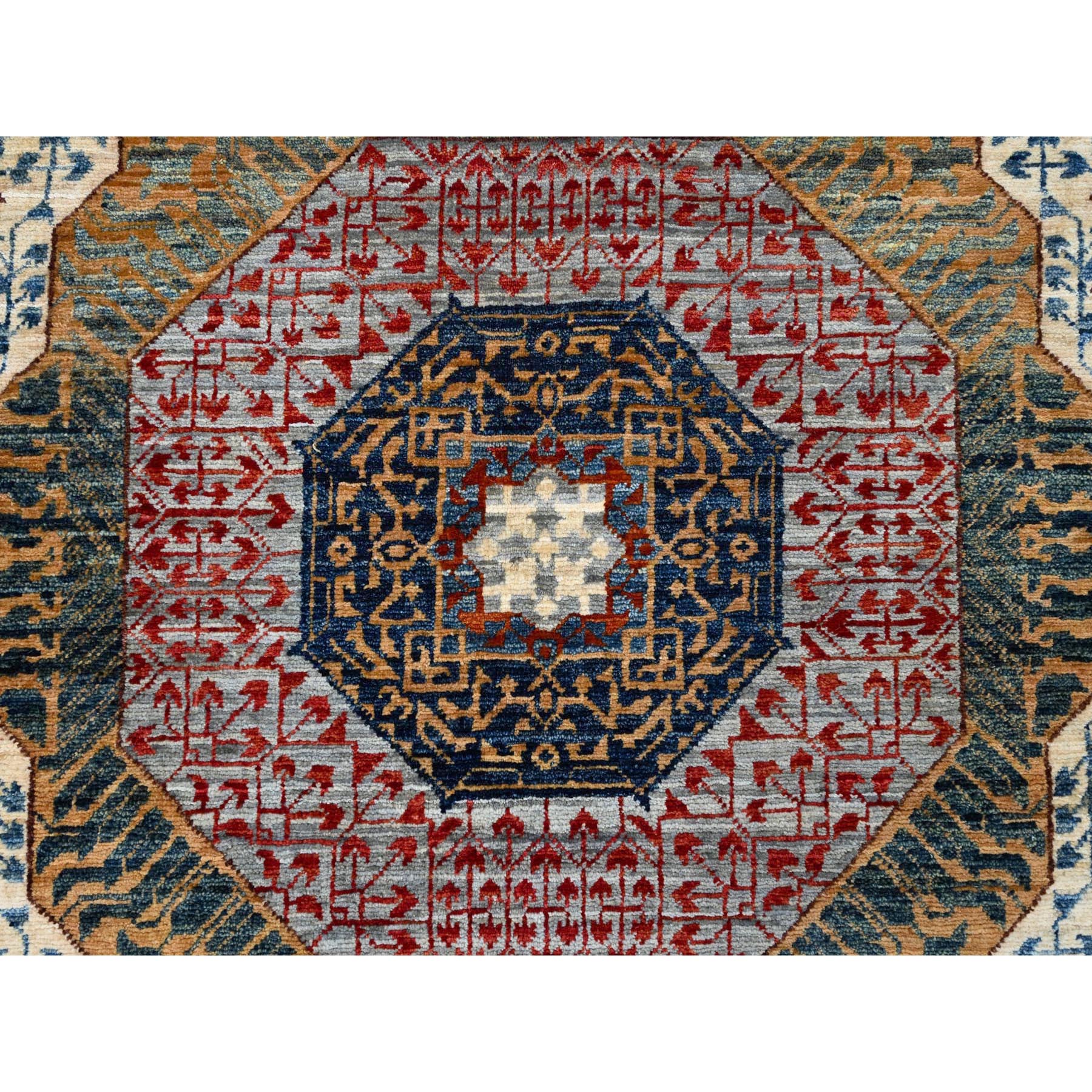 6'1"x9'3" Alloy Gray and Alabaster White Border, Hand Knotted 14th Century Mamluk Dynasty With Geometric Motifs Design, 200 KPSI, Vegetable Dyes, 100% Wool, Oriental Rug HR86742 - Image 9