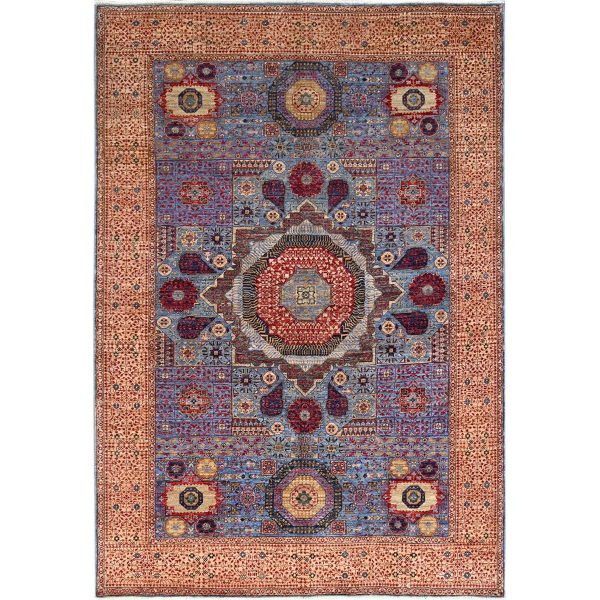 6'1"x9' Horizon Blue, Beige Border, Hand Knotted, All Wool Natural Dyes, 14th Century Mamluk Dynasty Design, 200 KPSI, Oriental Rug HR86743