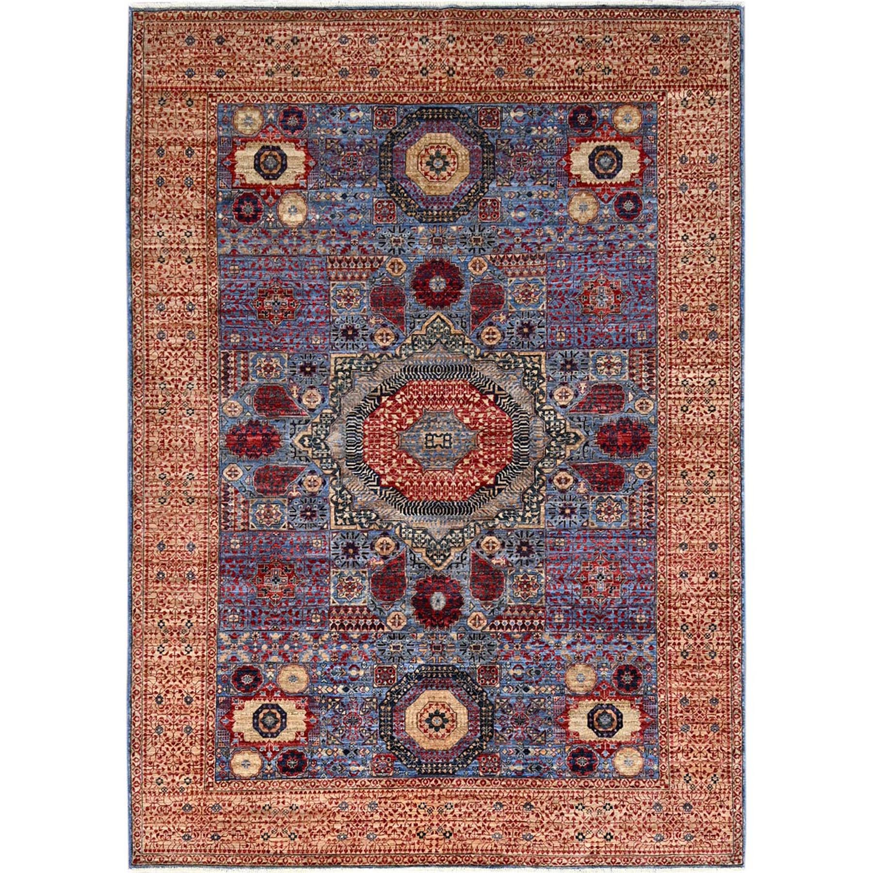 6'x8'7" Ocean Blue and Shoji White, 200 KPSI, 14th Century Mamluk Dynasty With Medallions Design, Hand Knotted Natural Wool, Vegetable Dyes, Oriental Rug HR86744