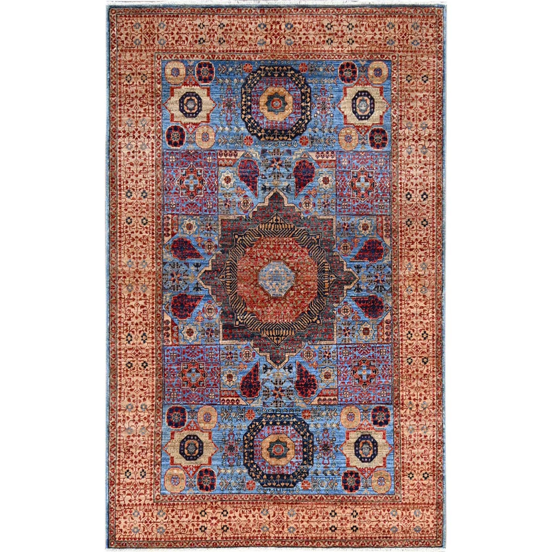 4'x6'5" Azure Blue and Aesthetic White, Vegetable Dyes, Hand Knotted Medallions Design, 200 KPSI, Pure Wool, 14th Century Mamluk Dynasty Oriental Rug HR86746