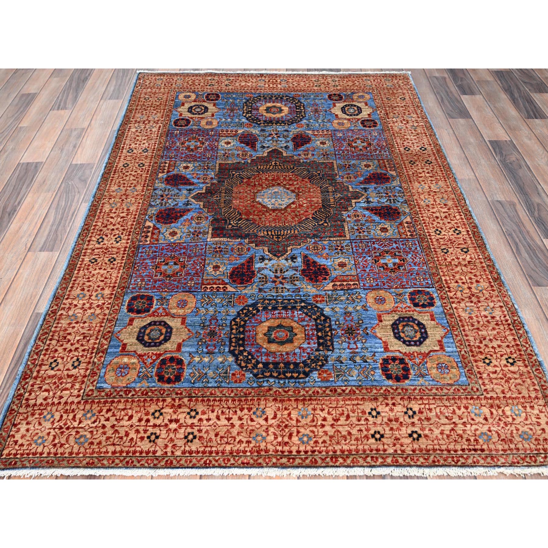 4'x6'5" Azure Blue and Aesthetic White, Vegetable Dyes, Hand Knotted Medallions Design, 200 KPSI, Pure Wool, 14th Century Mamluk Dynasty Oriental Rug HR86746 - Image 2