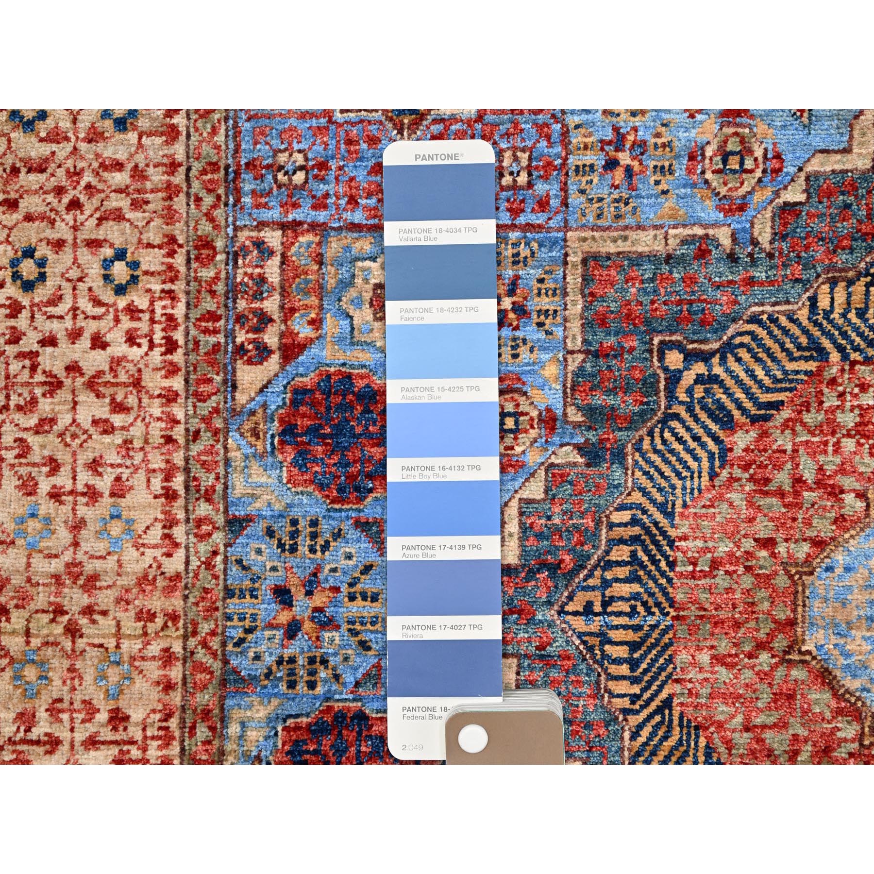 4'x6'5" Azure Blue and Aesthetic White, Vegetable Dyes, Hand Knotted Medallions Design, 200 KPSI, Pure Wool, 14th Century Mamluk Dynasty Oriental Rug HR86746 - Image 4