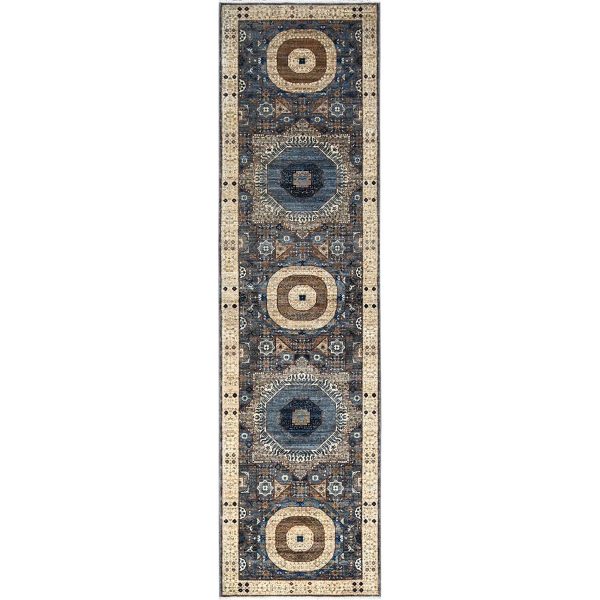 2'8"x9'10" Abyss Gray, Floral White Border, Hand Knotted, Vegetable Dyes, Natural Wool, 14th Century Mamluk Dynasty Pattern, 200 KPSI, Runner Oriental Rug HR86752