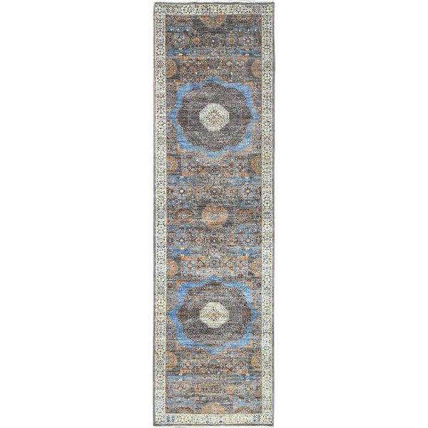 2'9"x9'10" Icy Gray, Natural Dyes Hand Knotted, 200 KPSI, Large Medallions Design, 14th Century Mamluk Dynasty, Natural Wool Runner Oriental Rug HR86758