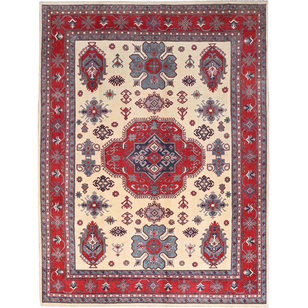 8'10"x11'8" Casablanca White, Natural Dyes,  Hand Knotted, With Densely Woven 100% Wool Kazak, Tribal Pattern, Oriental Rug HR86769
