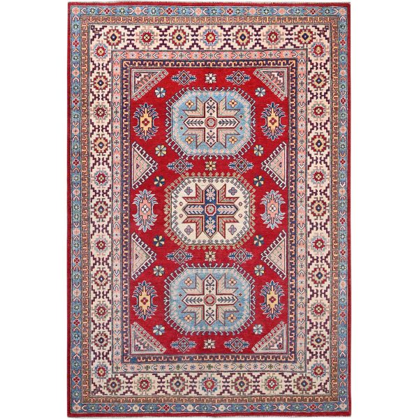 6'x8'9" Toreador Red With Arcade White, Hand Knotted Vegetable Dyes, Kazak Denser Weave With Large Elements, Extra Soft Wool Oriental Rug HR86788