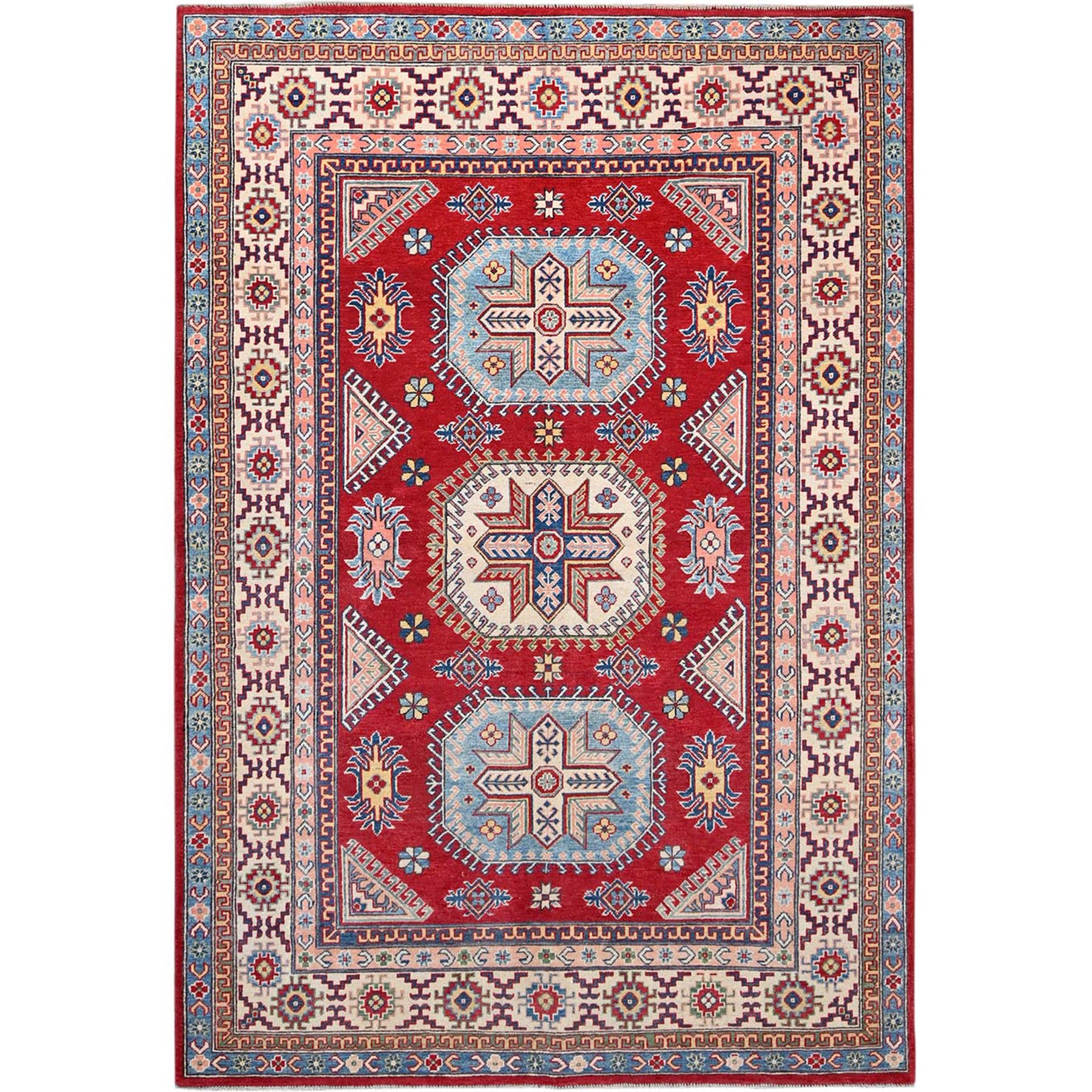 6'x8'9" Toreador Red With Arcade White, Hand Knotted Vegetable Dyes, Kazak Denser Weave With Large Elements, Extra Soft Wool Oriental Rug HR86788