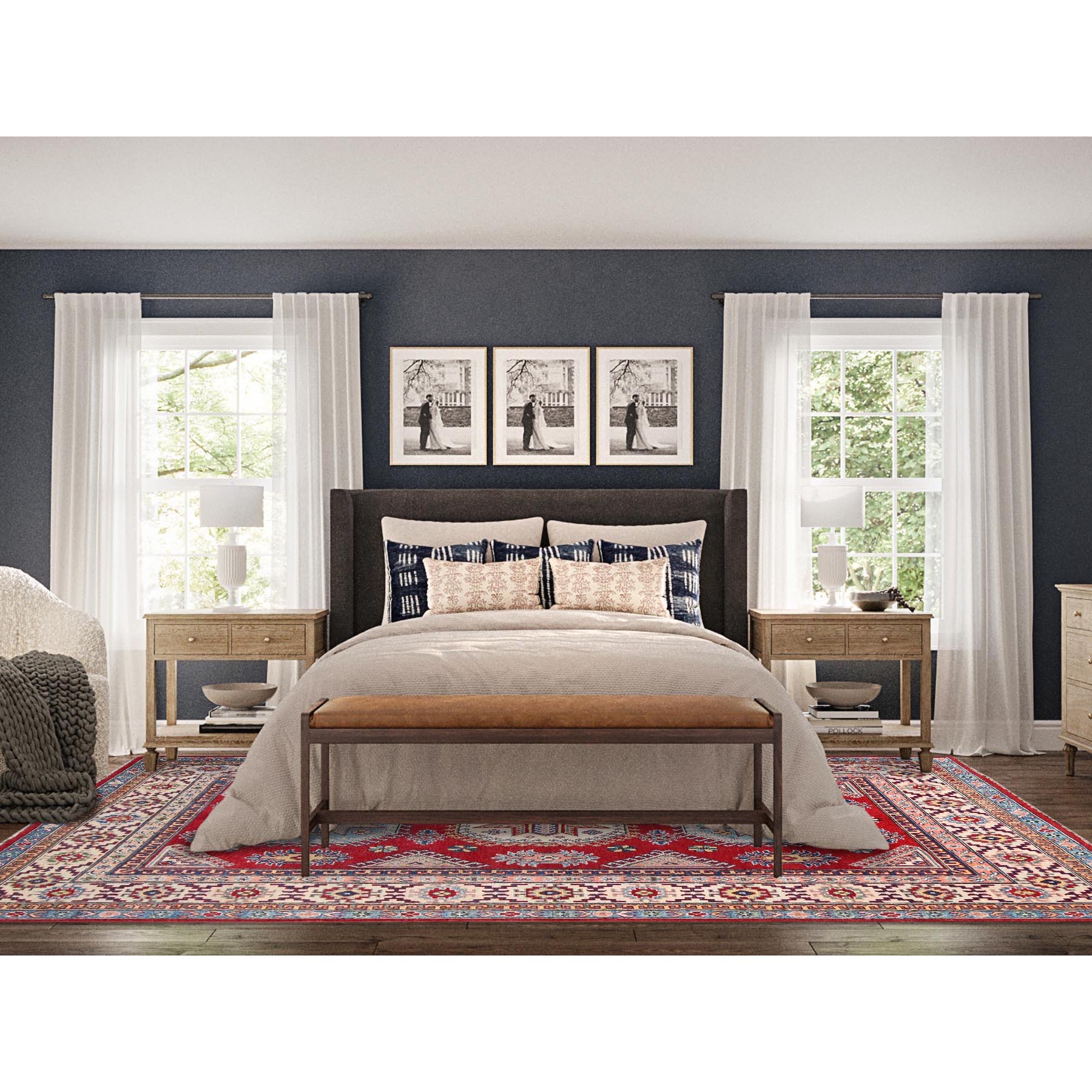 6'x8'9" Toreador Red With Arcade White, Hand Knotted Vegetable Dyes, Kazak Denser Weave With Large Elements, Extra Soft Wool Oriental Rug HR86788 - Image 2