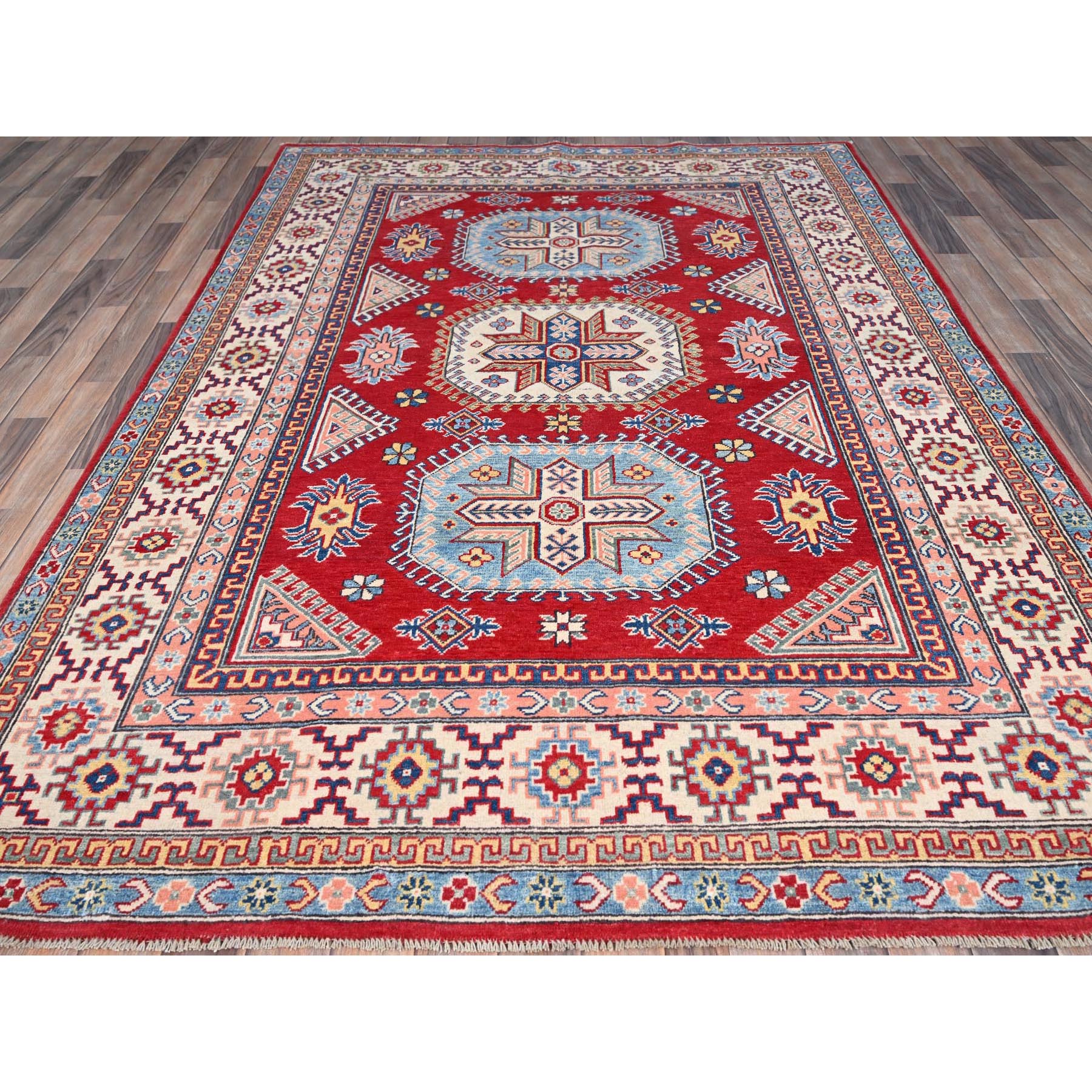 6'x8'9" Toreador Red With Arcade White, Hand Knotted Vegetable Dyes, Kazak Denser Weave With Large Elements, Extra Soft Wool Oriental Rug HR86788 - Image 3