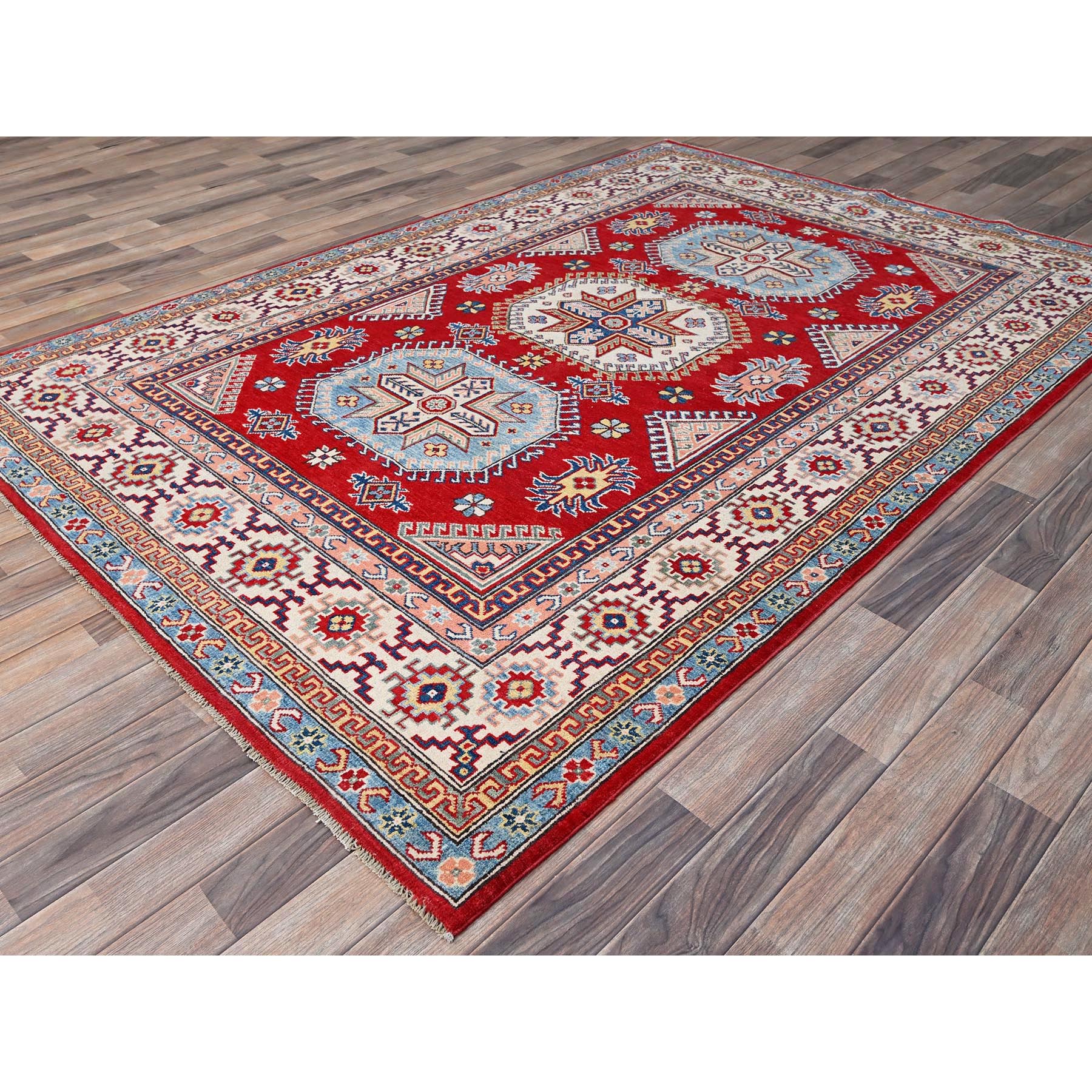6'x8'9" Toreador Red With Arcade White, Hand Knotted Vegetable Dyes, Kazak Denser Weave With Large Elements, Extra Soft Wool Oriental Rug HR86788 - Image 4