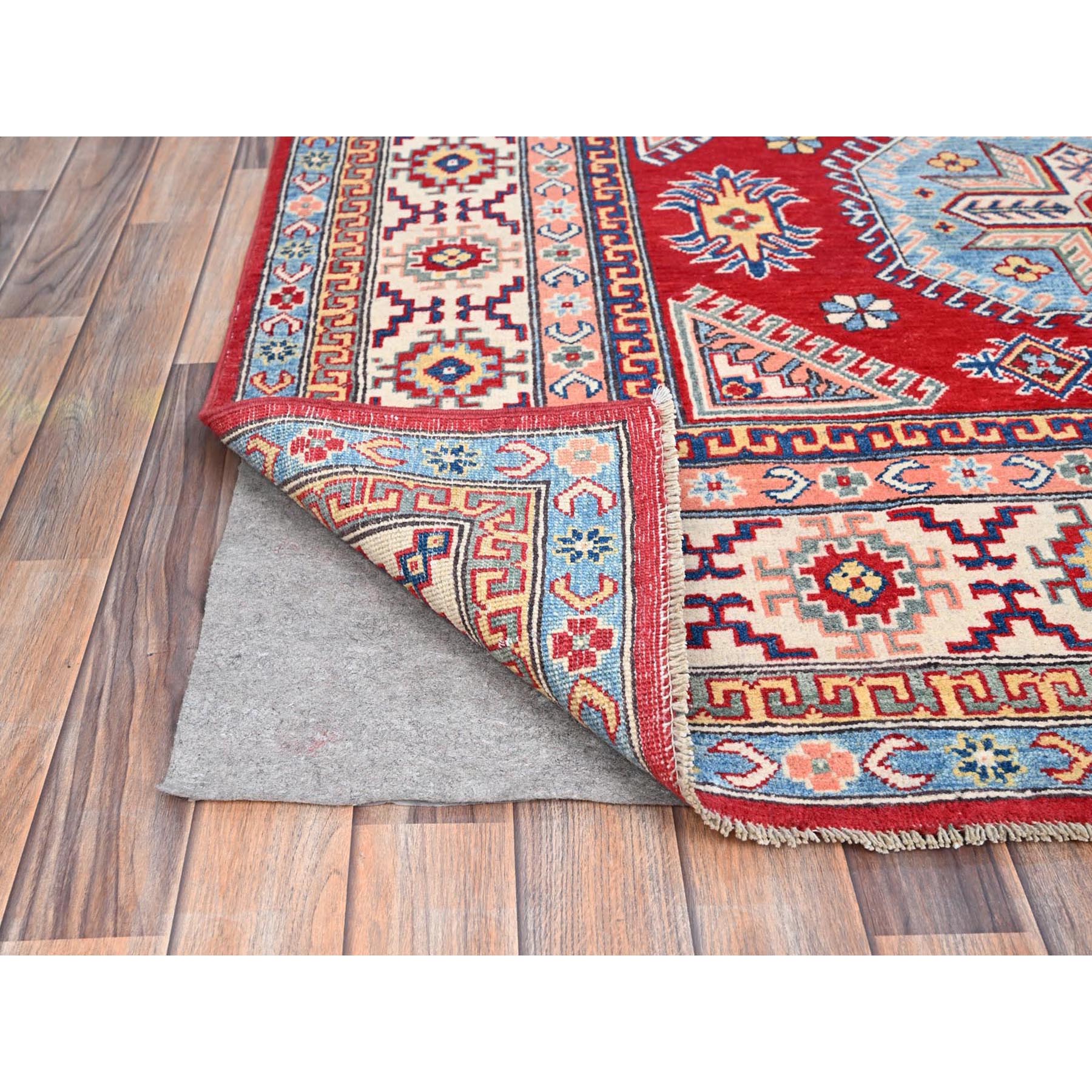 6'x8'9" Toreador Red With Arcade White, Hand Knotted Vegetable Dyes, Kazak Denser Weave With Large Elements, Extra Soft Wool Oriental Rug HR86788 - Image 5