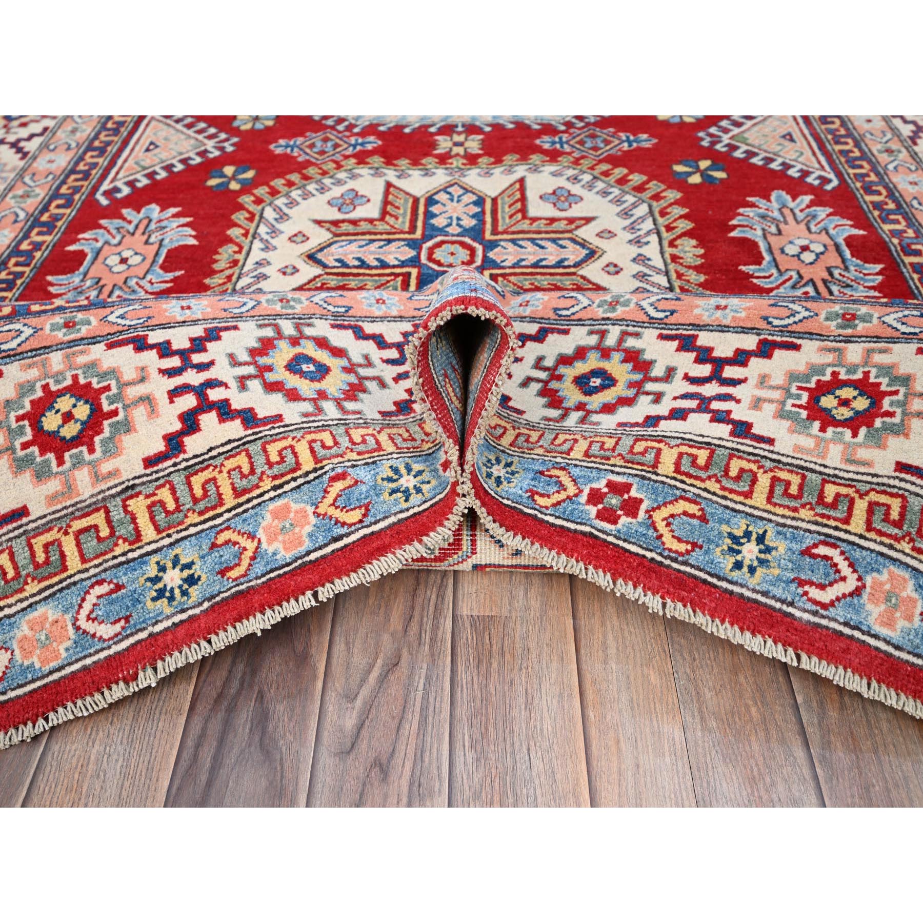 6'x8'9" Toreador Red With Arcade White, Hand Knotted Vegetable Dyes, Kazak Denser Weave With Large Elements, Extra Soft Wool Oriental Rug HR86788 - Image 6