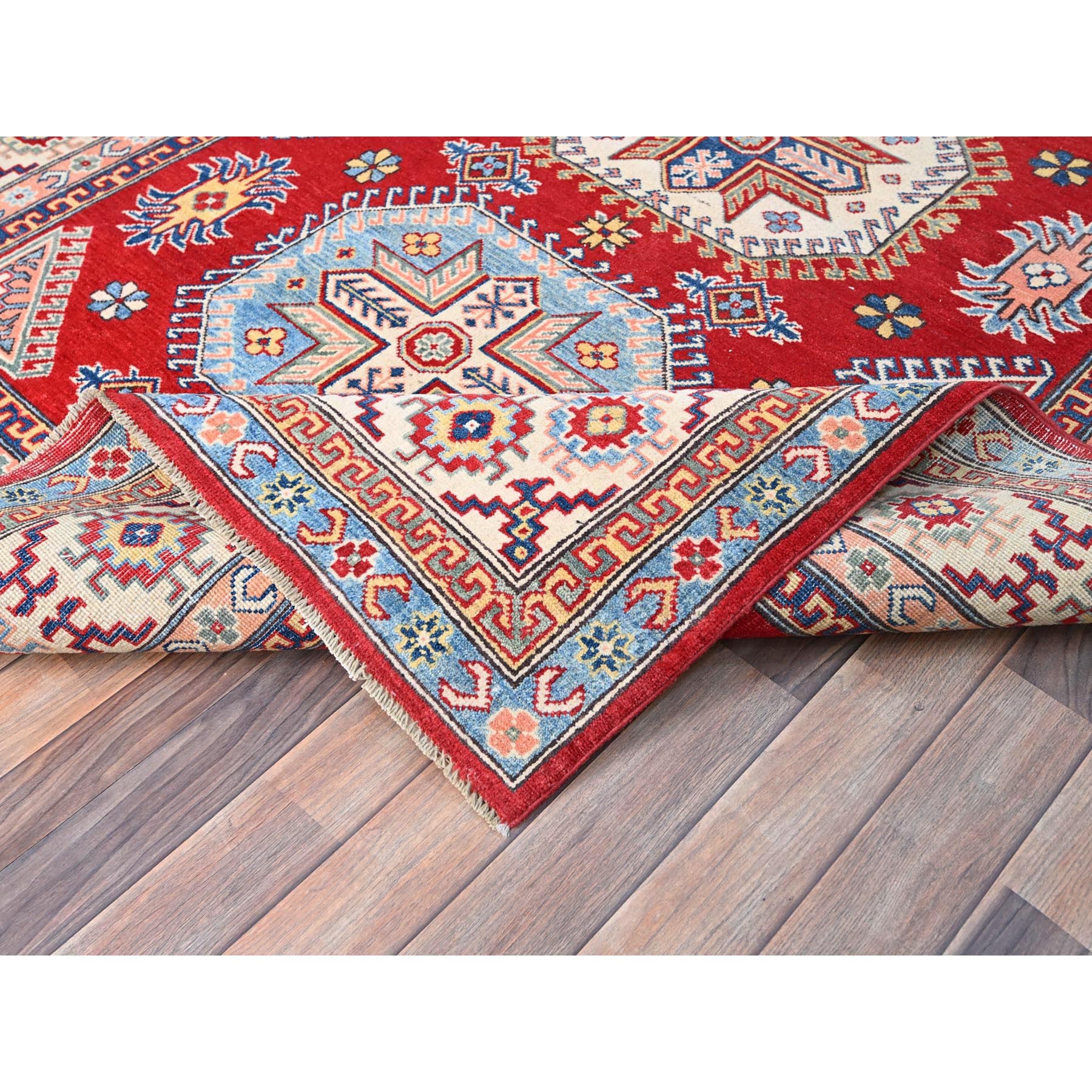 6'x8'9" Toreador Red With Arcade White, Hand Knotted Vegetable Dyes, Kazak Denser Weave With Large Elements, Extra Soft Wool Oriental Rug HR86788 - Image 7