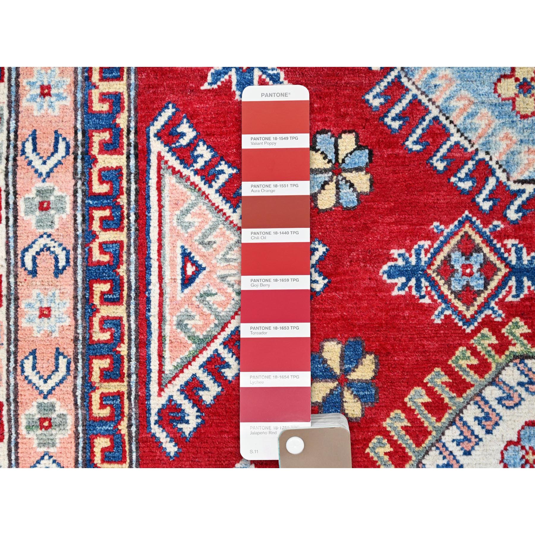 6'x8'9" Toreador Red With Arcade White, Hand Knotted Vegetable Dyes, Kazak Denser Weave With Large Elements, Extra Soft Wool Oriental Rug HR86788 - Image 8