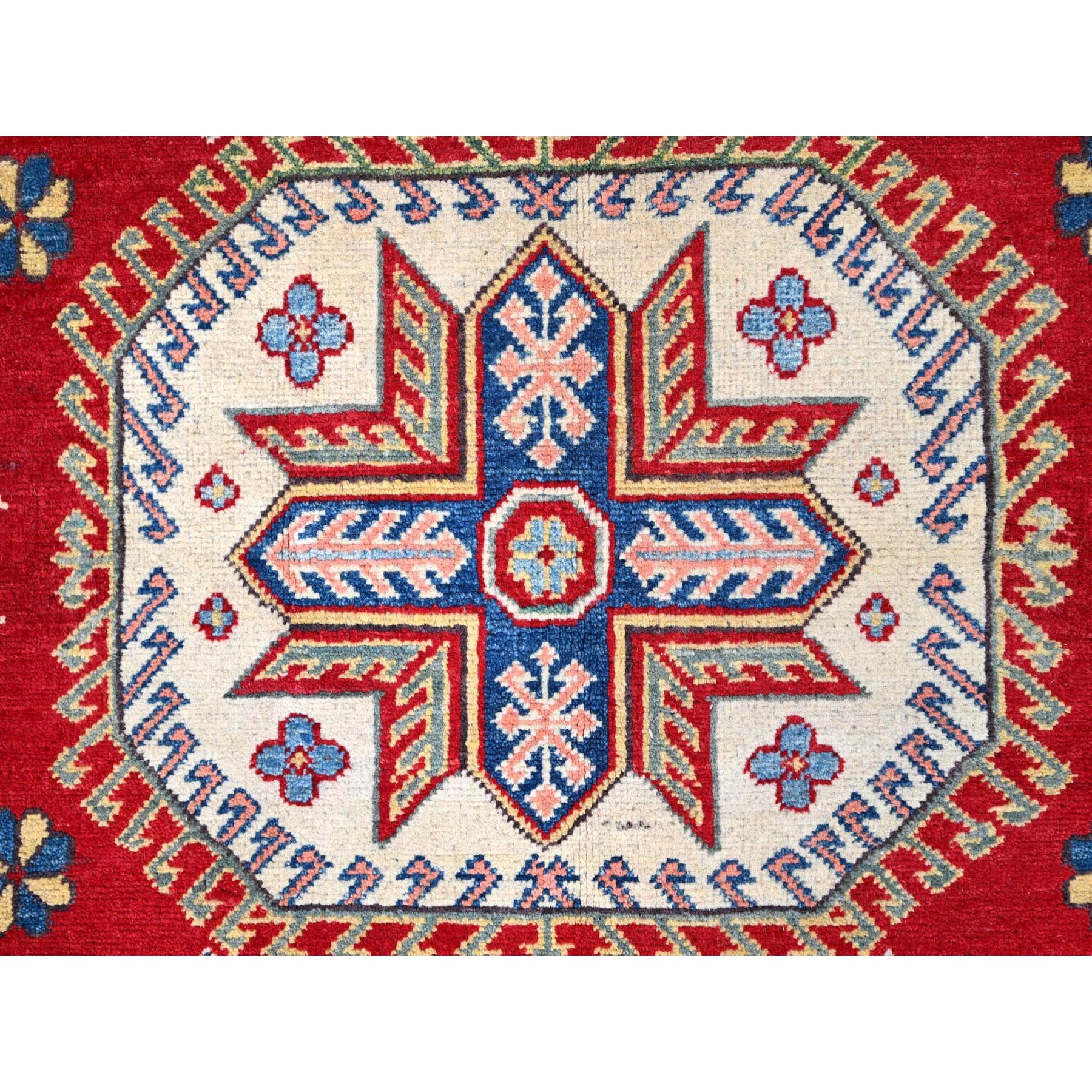 6'x8'9" Toreador Red With Arcade White, Hand Knotted Vegetable Dyes, Kazak Denser Weave With Large Elements, Extra Soft Wool Oriental Rug HR86788 - Image 9