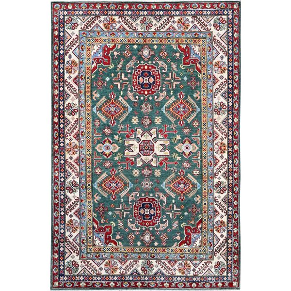 6'1"x9'2" Lush Meadow Green With Pearly White, Kazak with Throughout Geometric Motifs, Vegetable Dyes, Denser Weave, Extra Soft Wool, Hand Knotted, Oriental Rug HR86804