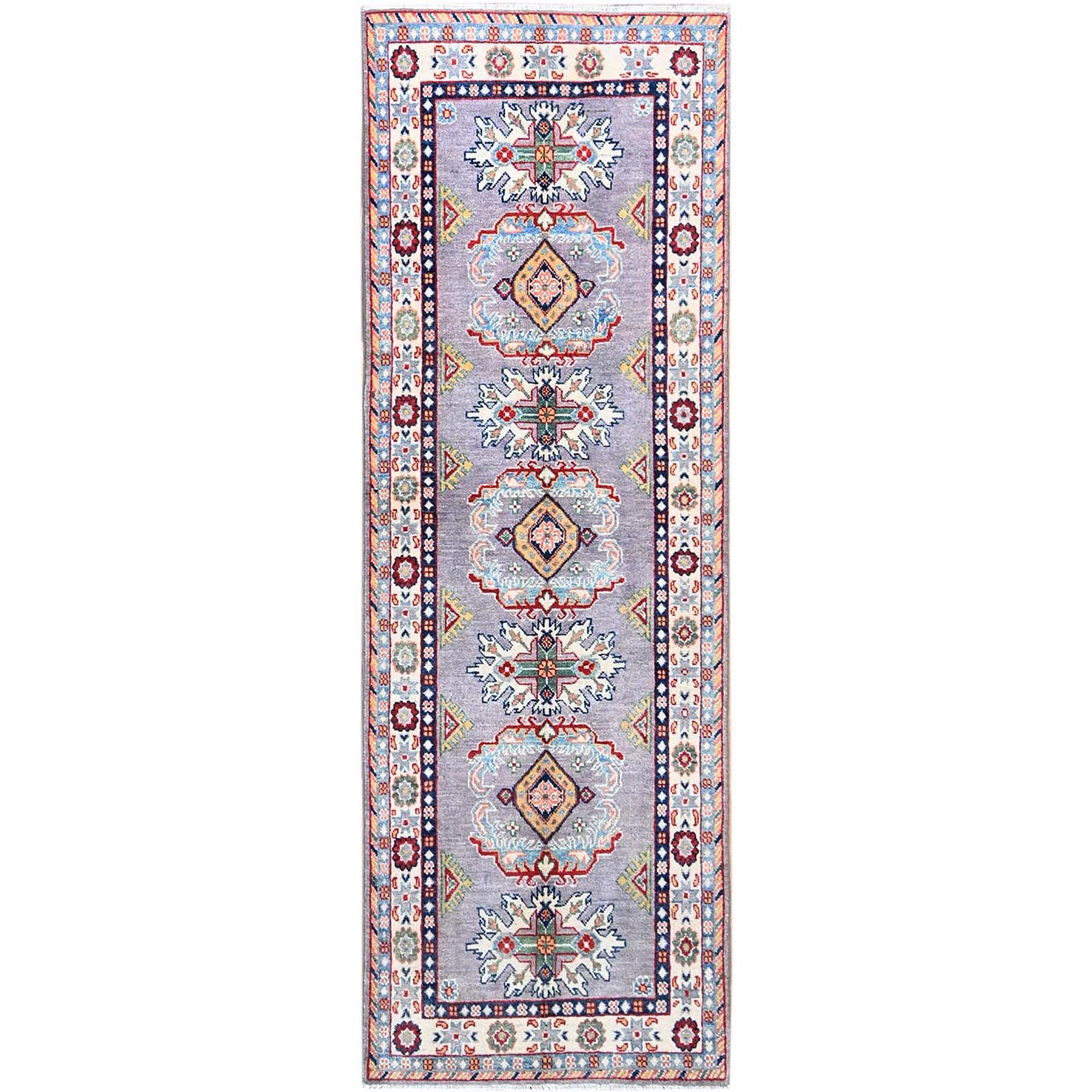 2'9"x7'10" Rocket Metallic Gray, Afghan Kazak, Denser Weave, Natural Wool, Tribal And Geometric Medallions, Hand Knotted Oriental Runner Rug HR86839
