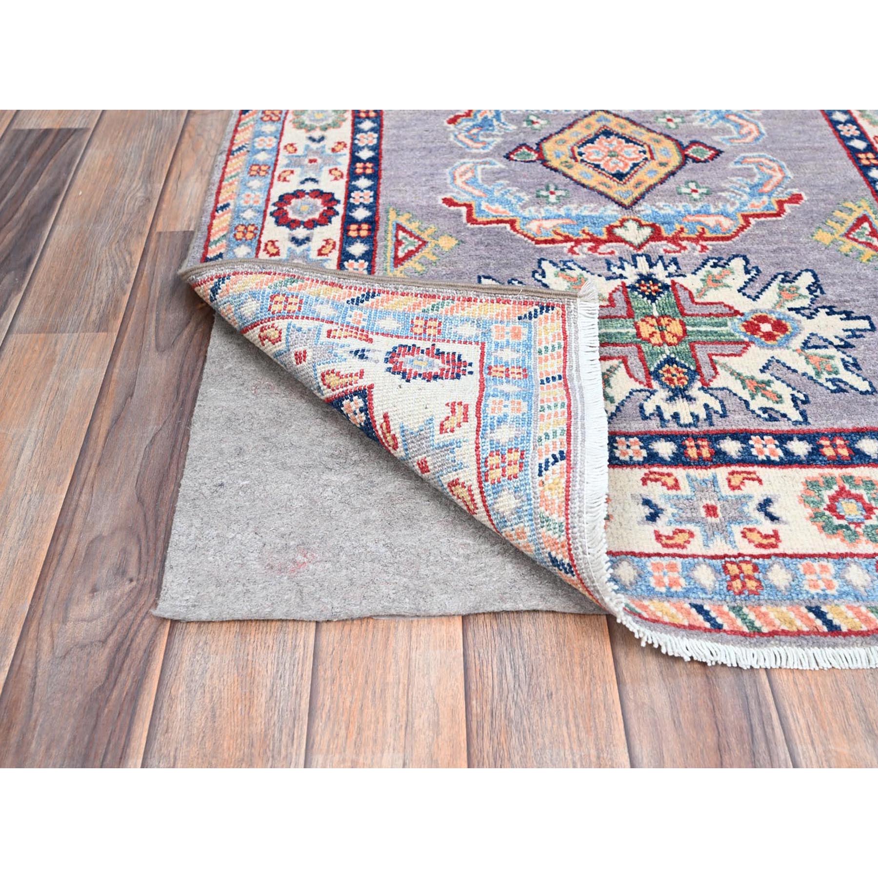 2'9"x7'10" Rocket Metallic Gray, Afghan Kazak, Denser Weave, Natural Wool, Tribal And Geometric Medallions, Hand Knotted Oriental Runner Rug HR86839 - Image 3