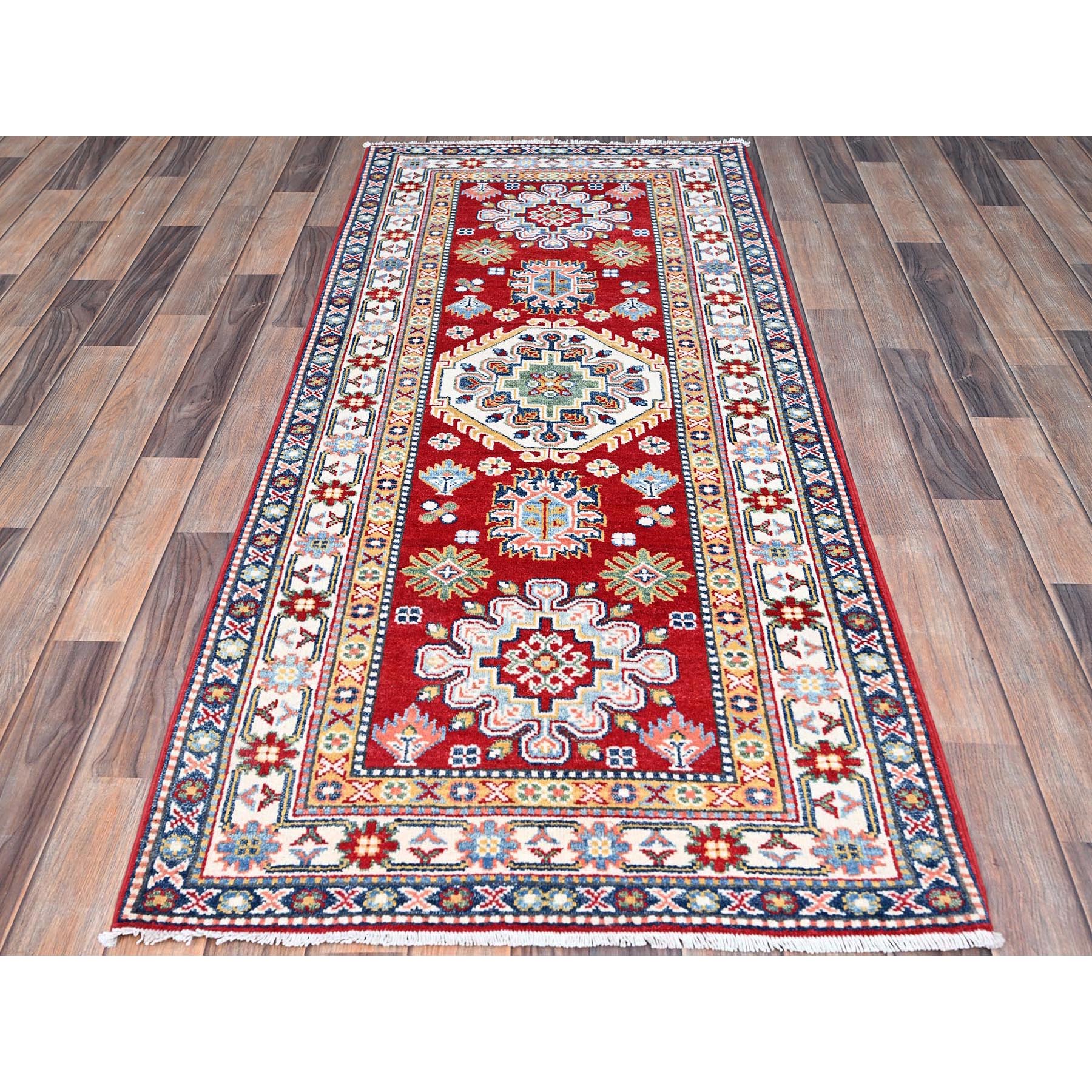 2'9"x6'6" Cherry Red With Vibrant Medallions All Over Denser Weave Soft And Shiny Wool Hand Knotted Oriental Kazak Runner Rug HR86843 - Image 2