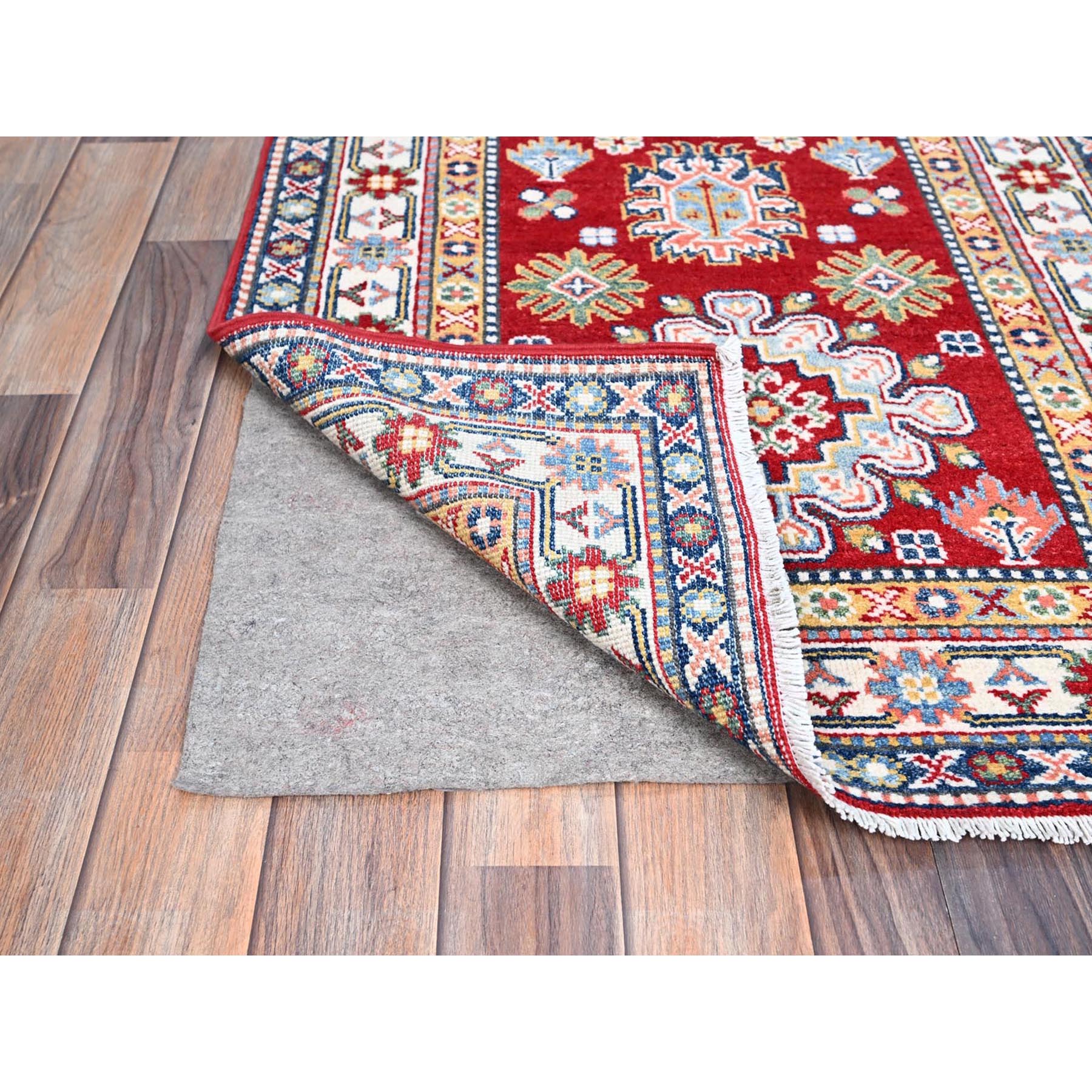 2'9"x6'6" Cherry Red With Vibrant Medallions All Over Denser Weave Soft And Shiny Wool Hand Knotted Oriental Kazak Runner Rug HR86843 - Image 3