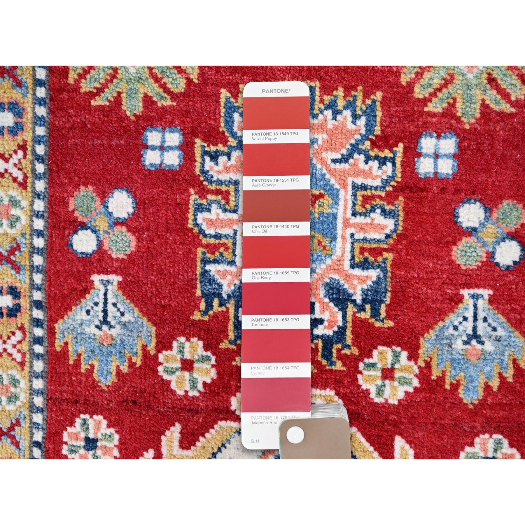 2'9"x6'6" Cherry Red With Vibrant Medallions All Over Denser Weave Soft And Shiny Wool Hand Knotted Oriental Kazak Runner Rug HR86843 - Image 4