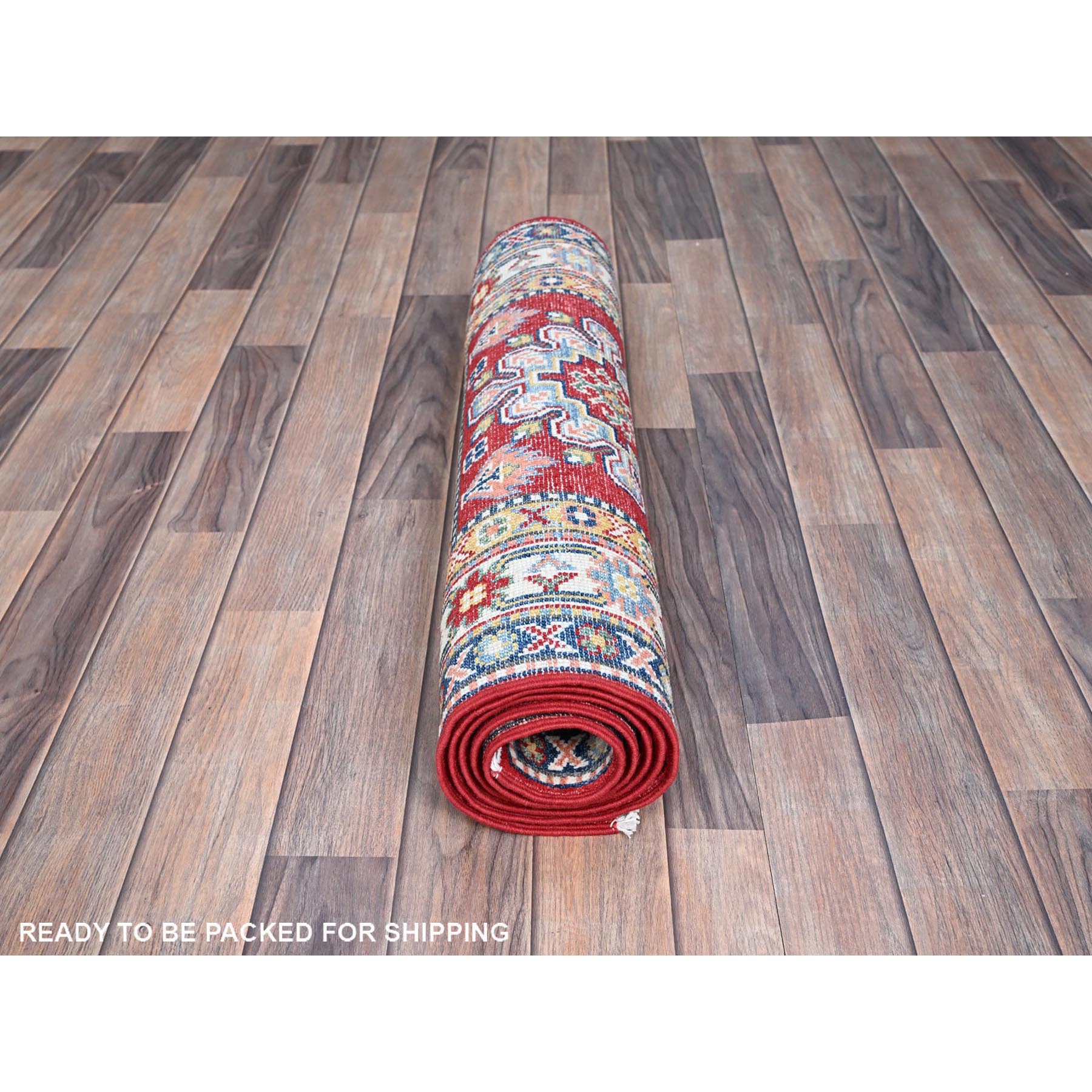 2'9"x6'6" Cherry Red With Vibrant Medallions All Over Denser Weave Soft And Shiny Wool Hand Knotted Oriental Kazak Runner Rug HR86843 - Image 5