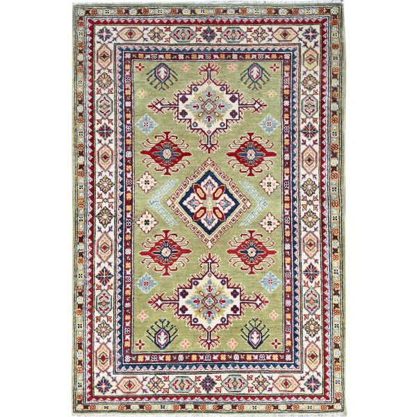 4'1"x5'10" Crayola Green, Denser Weave, Extra Soft Wool, Hand Knotted, Natural Dyes With Tribal Medallions Kazak Oriental Rug HR86878