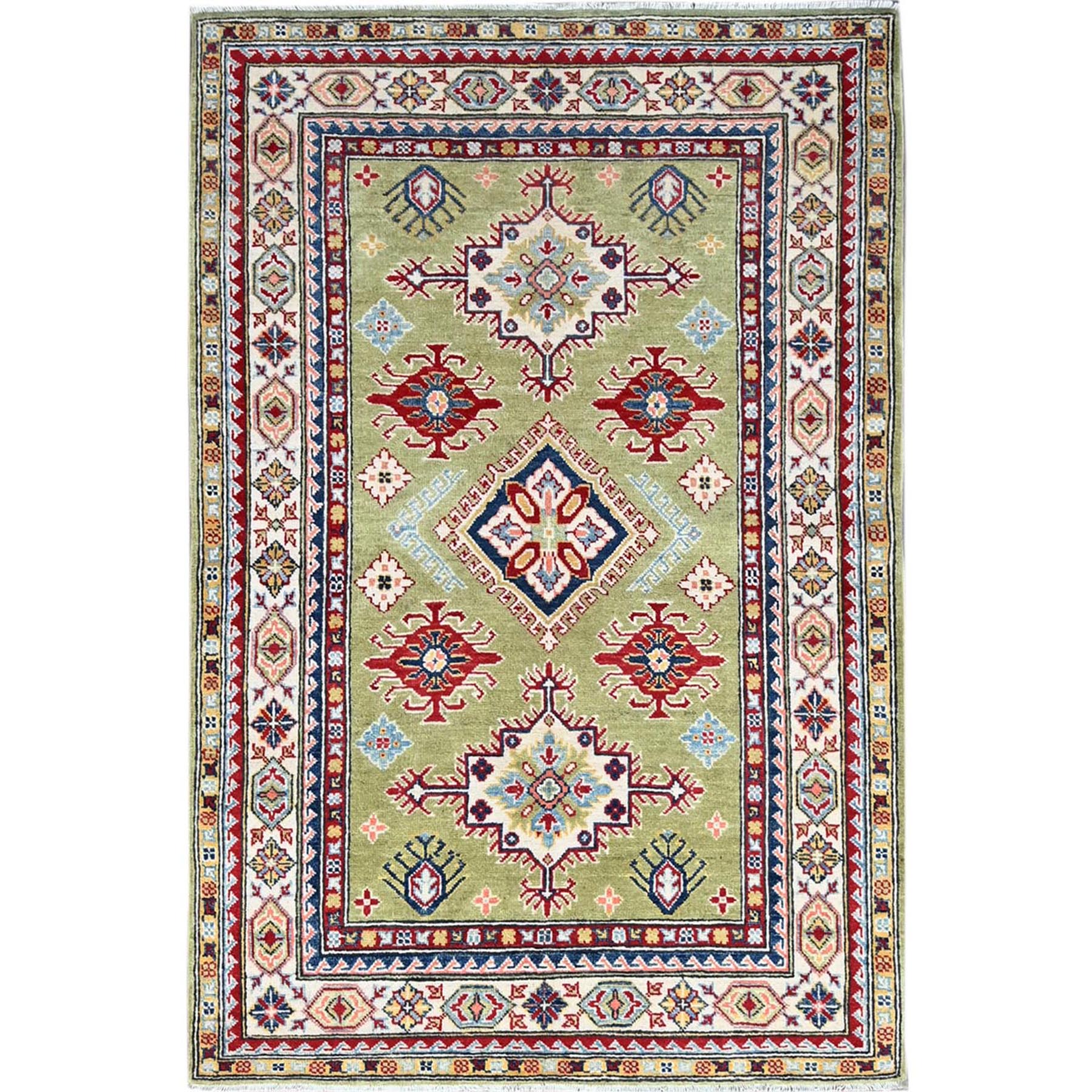4'1"x5'10" Crayola Green, Denser Weave, Extra Soft Wool, Hand Knotted, Natural Dyes With Tribal Medallions Kazak Oriental Rug HR86878