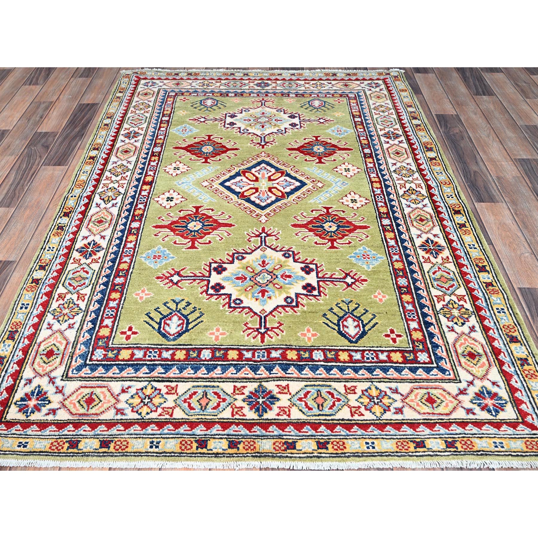 4'1"x5'10" Crayola Green, Denser Weave, Extra Soft Wool, Hand Knotted, Natural Dyes With Tribal Medallions Kazak Oriental Rug HR86878 - Image 2