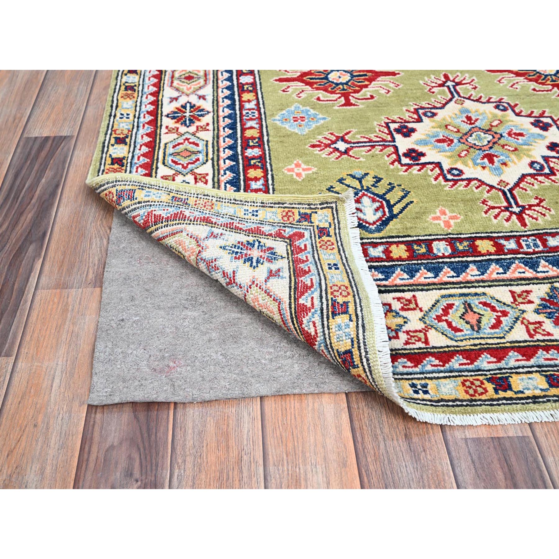 4'1"x5'10" Crayola Green, Denser Weave, Extra Soft Wool, Hand Knotted, Natural Dyes With Tribal Medallions Kazak Oriental Rug HR86878 - Image 3