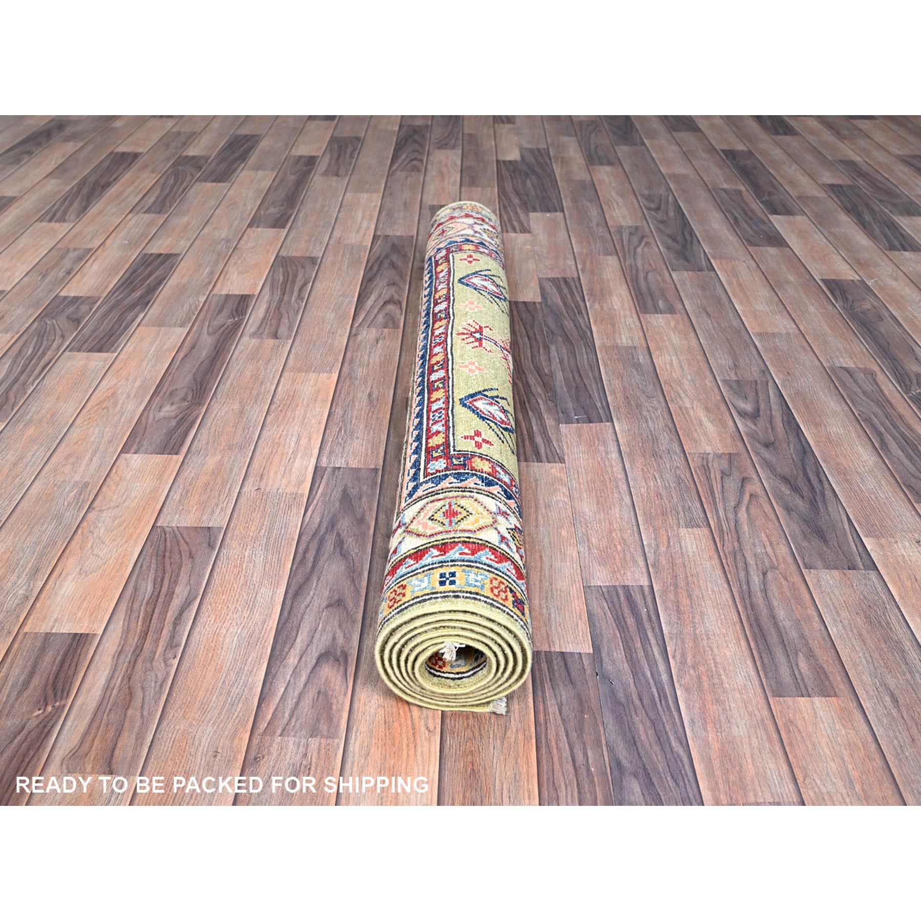 4'1"x5'10" Crayola Green, Denser Weave, Extra Soft Wool, Hand Knotted, Natural Dyes With Tribal Medallions Kazak Oriental Rug HR86878 - Image 5