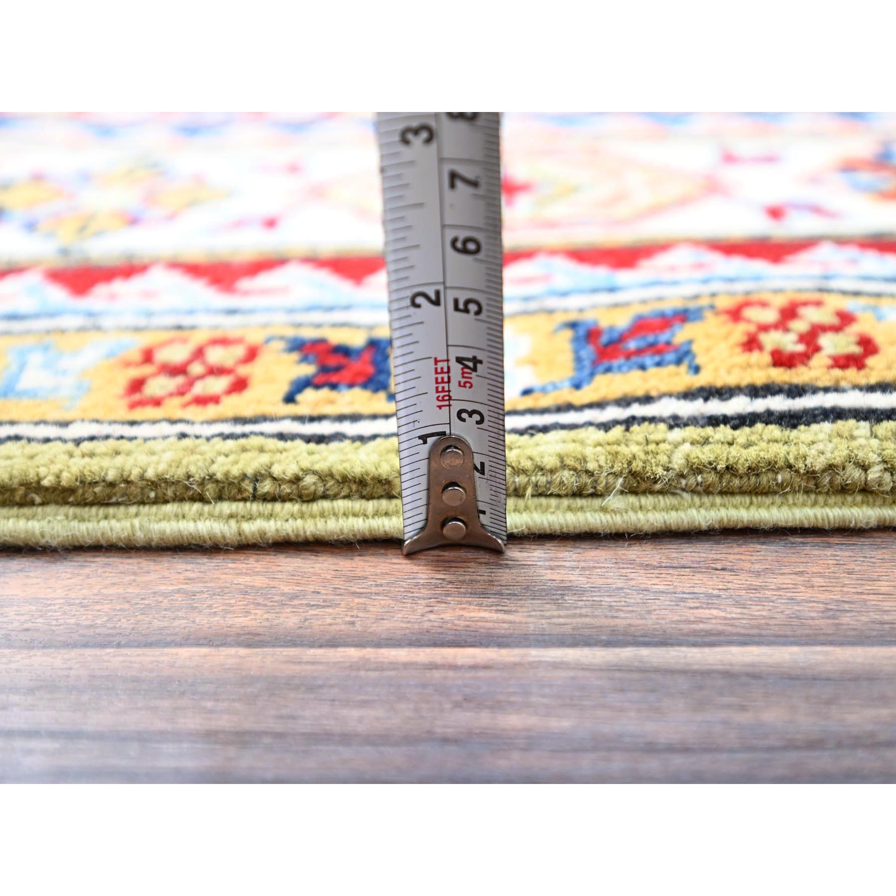 4'1"x5'10" Crayola Green, Denser Weave, Extra Soft Wool, Hand Knotted, Natural Dyes With Tribal Medallions Kazak Oriental Rug HR86878 - Image 6