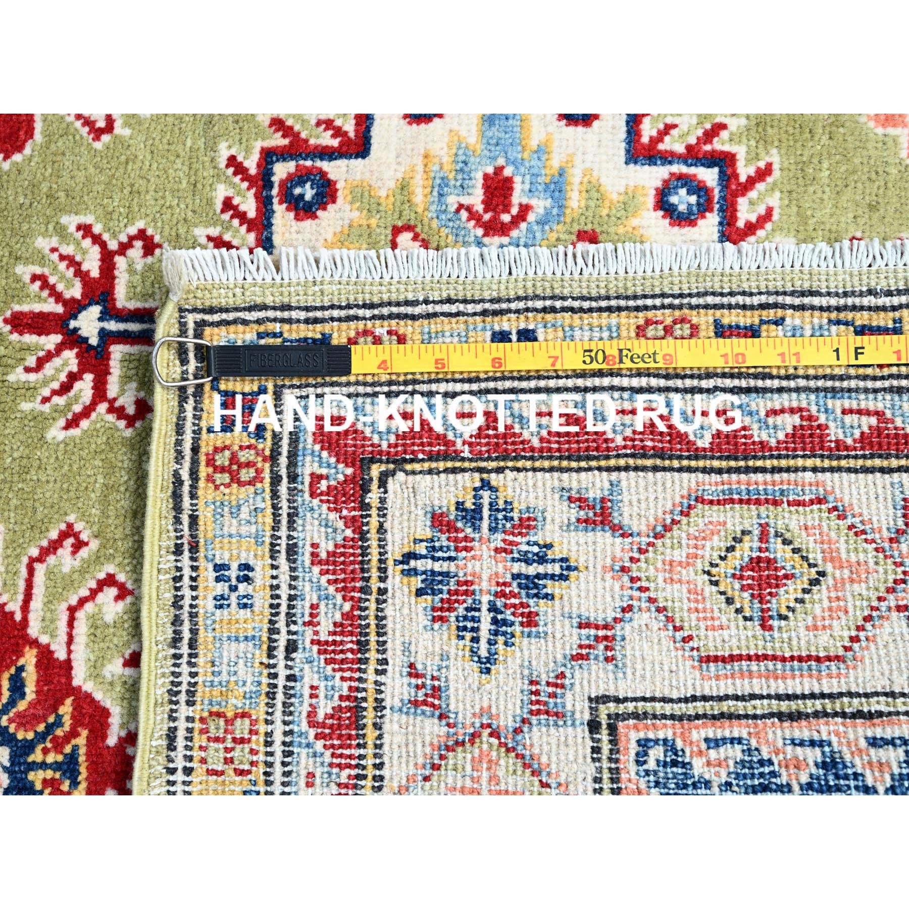 4'1"x5'10" Crayola Green, Denser Weave, Extra Soft Wool, Hand Knotted, Natural Dyes With Tribal Medallions Kazak Oriental Rug HR86878 - Image 7