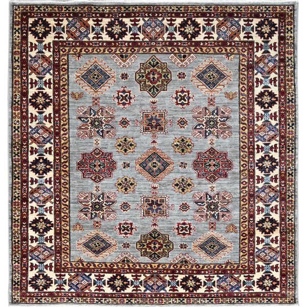 6'x6' Seagull Gray, Wisp White Border, Denser Weave Natural Wool Hand Knotted, Afghan Super Kazak, Natural Dyes, Oriental Square Rug HR86891