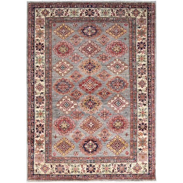 4'9"x6'7" Bunny Gray, Hand Knotted Natural Dyes, Afghan Densely Woven Super Kazak With All Over Design, 100% Wool Oriental Rug HR86892
