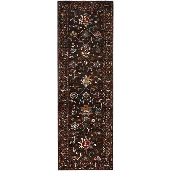 2'8"x8'6" Fondue Fudge Brown, Pure Wool, Densely Woven, Hand Knotted, Natural Dyes, Afghan Sultani Oriental Runner Rug HR86895