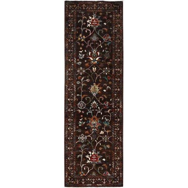 2'8"x8'5" Dark Choclate Brown, Hand Knotted, Densely Woven, Velvety Wool, Flower Blossom Design, Oriental Afghan Sultani Runner Rug HR86897