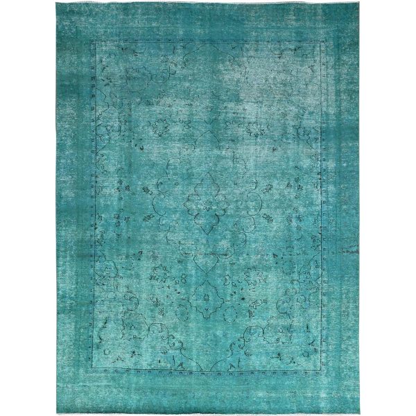 8'1"x11' Deep Green, Overdyed Vintage Persian Tabriz Sides and Ends Professionally Secured and Cleaned, Distressed Sheared Low, Hand Knotted, Cropped Thin, Abrash Evenly Worn 100% Wool Oriental Rug HR86932