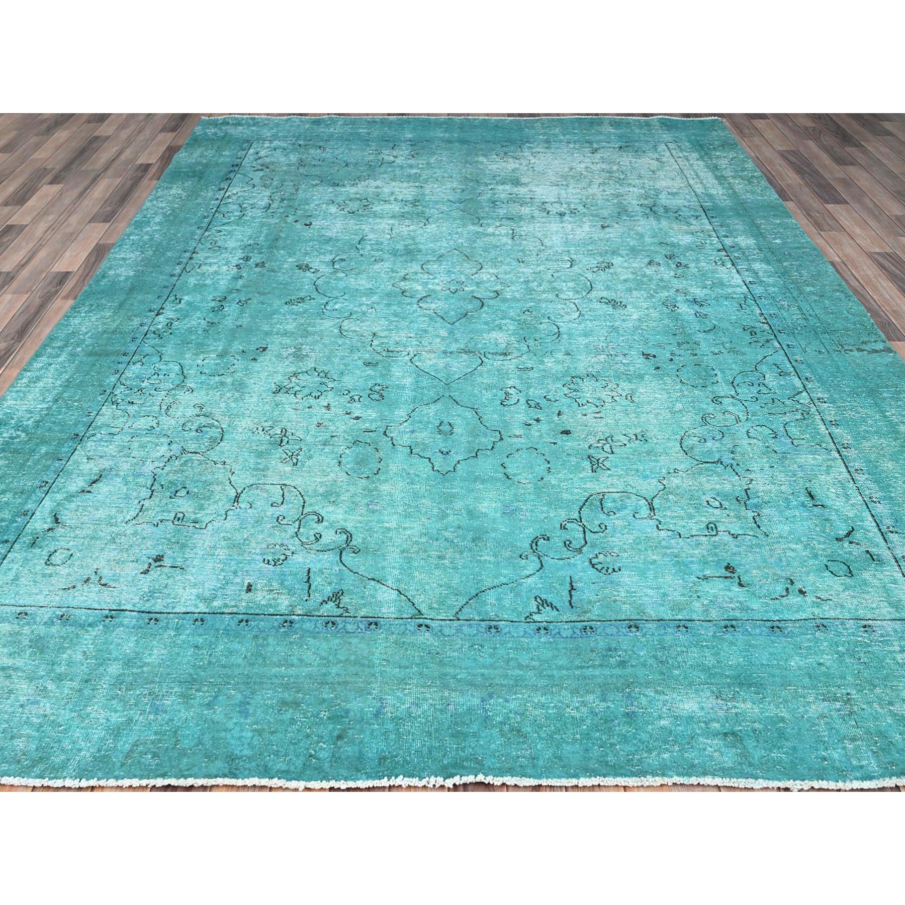 8'1"x11' Deep Green, Overdyed Vintage Persian Tabriz Sides and Ends Professionally Secured and Cleaned, Distressed Sheared Low, Hand Knotted, Cropped Thin, Abrash Evenly Worn 100% Wool Oriental Rug HR86932 - Image 3