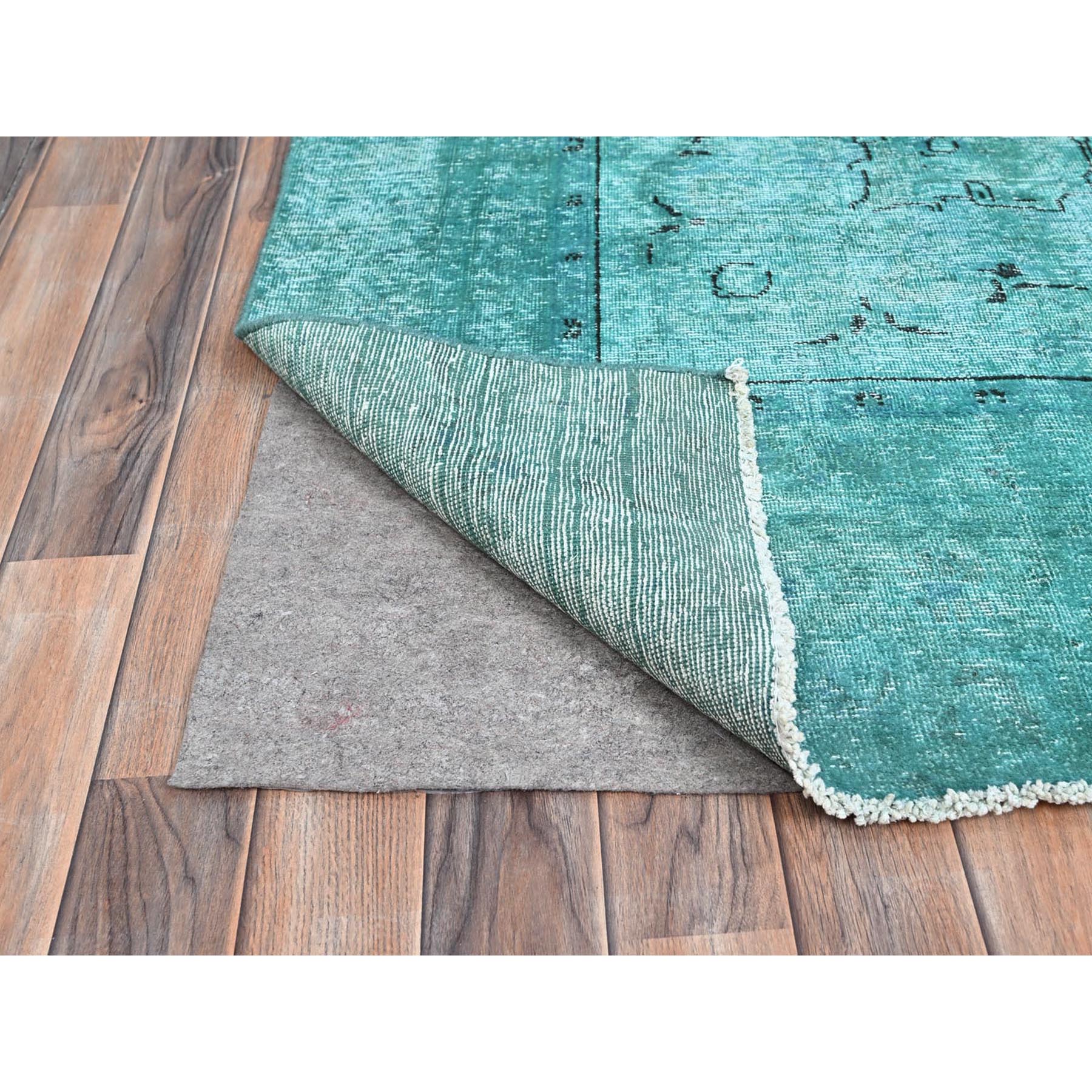 8'1"x11' Deep Green, Overdyed Vintage Persian Tabriz Sides and Ends Professionally Secured and Cleaned, Distressed Sheared Low, Hand Knotted, Cropped Thin, Abrash Evenly Worn 100% Wool Oriental Rug HR86932 - Image 5