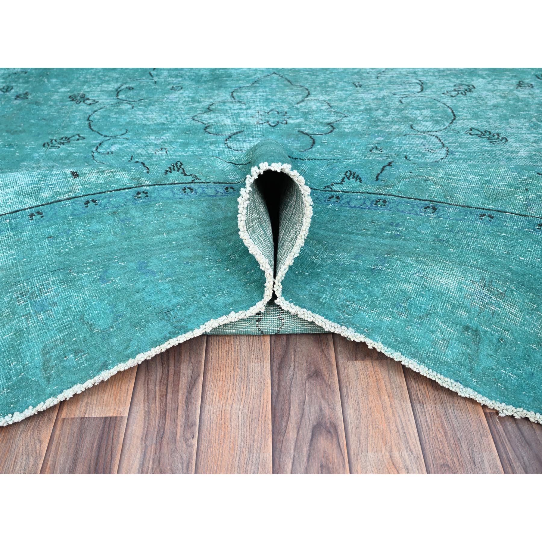 8'1"x11' Deep Green, Overdyed Vintage Persian Tabriz Sides and Ends Professionally Secured and Cleaned, Distressed Sheared Low, Hand Knotted, Cropped Thin, Abrash Evenly Worn 100% Wool Oriental Rug HR86932 - Image 6
