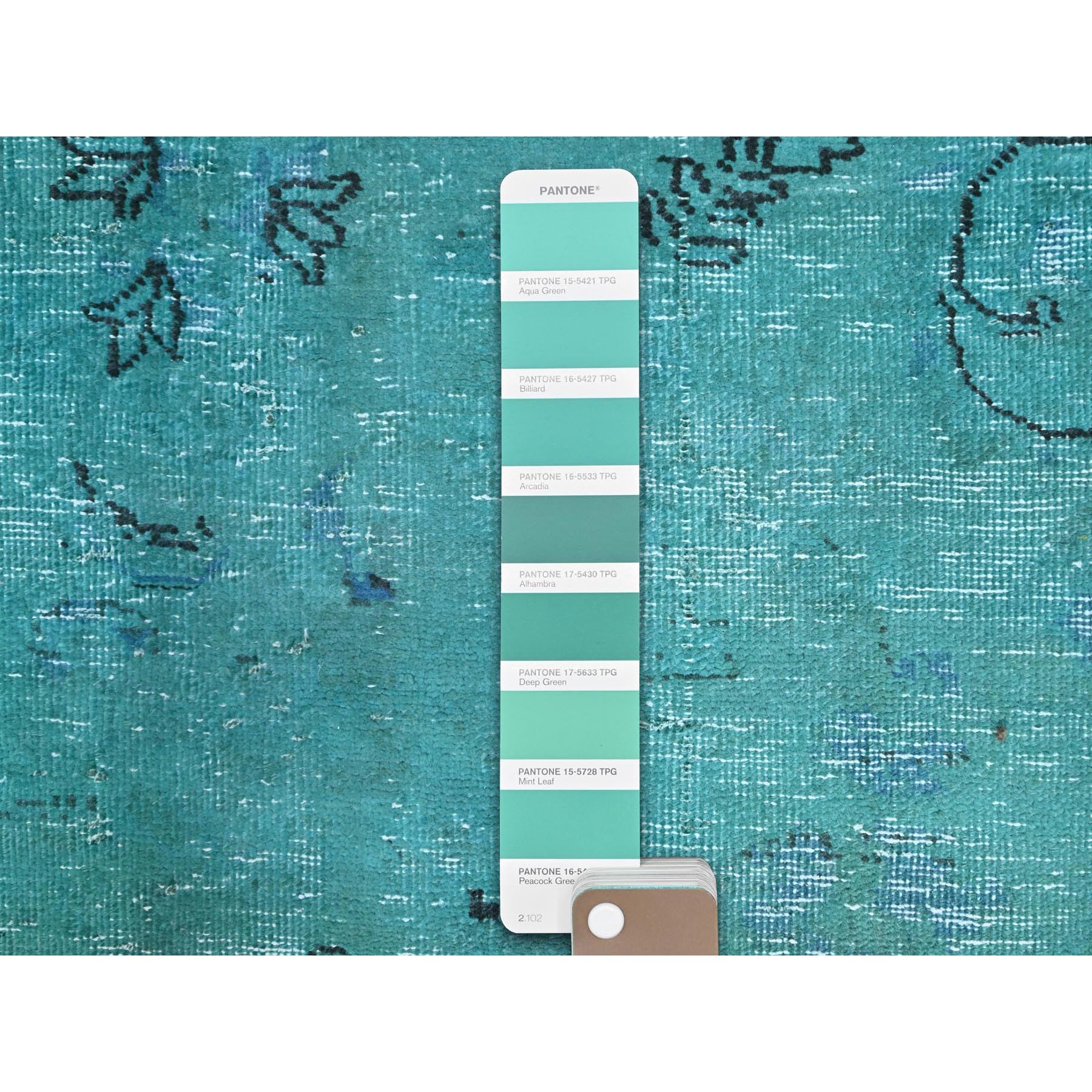 8'1"x11' Deep Green, Overdyed Vintage Persian Tabriz Sides and Ends Professionally Secured and Cleaned, Distressed Sheared Low, Hand Knotted, Cropped Thin, Abrash Evenly Worn 100% Wool Oriental Rug HR86932 - Image 8