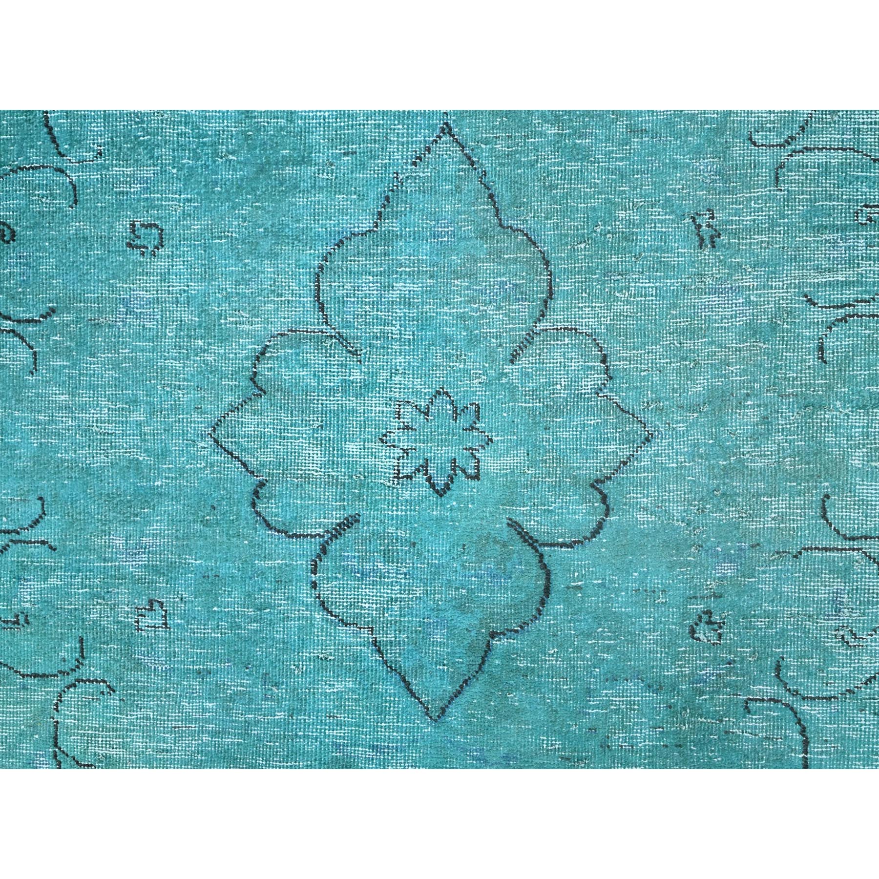 8'1"x11' Deep Green, Overdyed Vintage Persian Tabriz Sides and Ends Professionally Secured and Cleaned, Distressed Sheared Low, Hand Knotted, Cropped Thin, Abrash Evenly Worn 100% Wool Oriental Rug HR86932 - Image 9