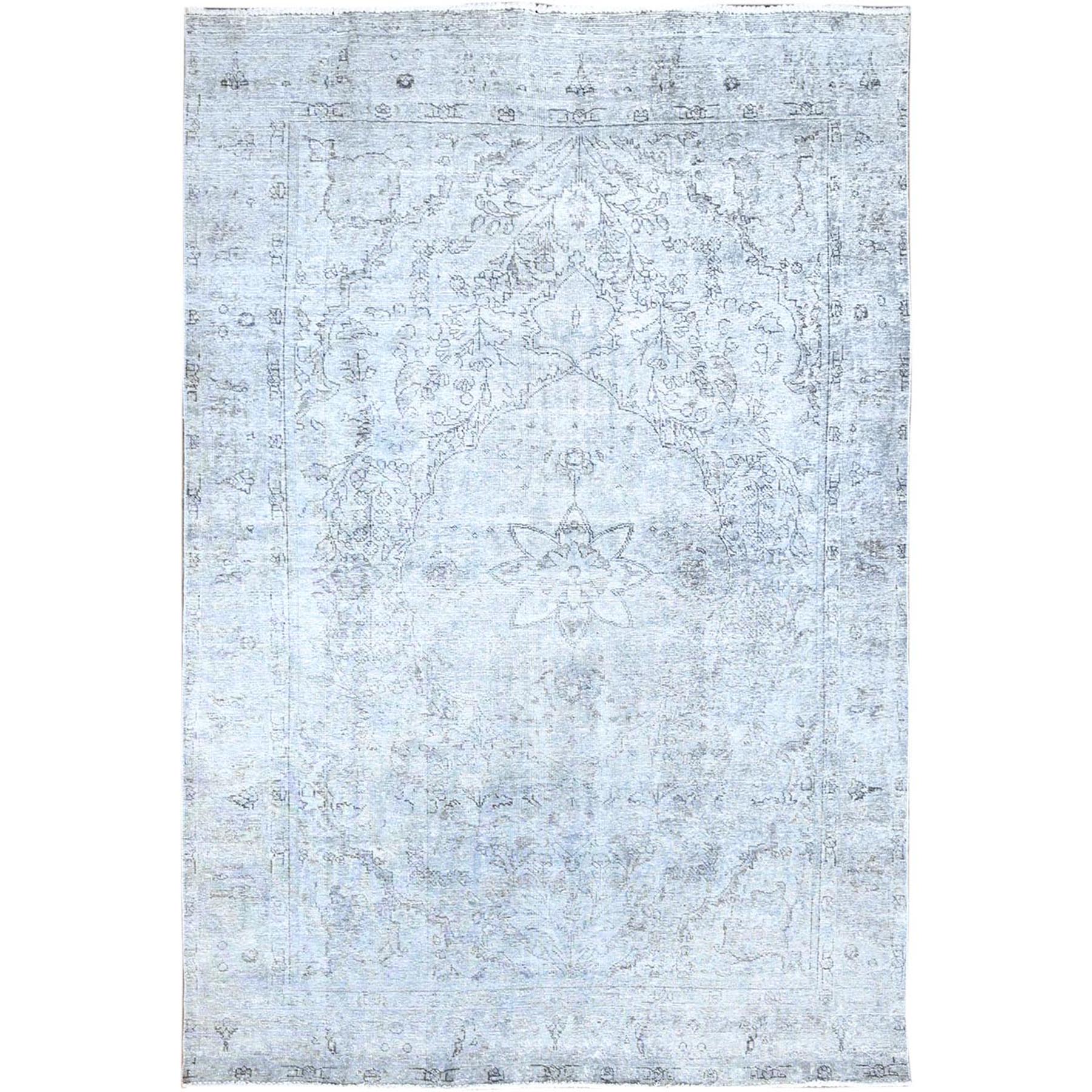 6'x8'10" Blue Gray, Hand Knotted Sides and Ends Professionally Secured and Cleaned, Vintage Persian Tabriz, Cropped Thin, Sheared Low, Evenly Worn, Shiny Wool, Oriental Distressed Rug HR86937