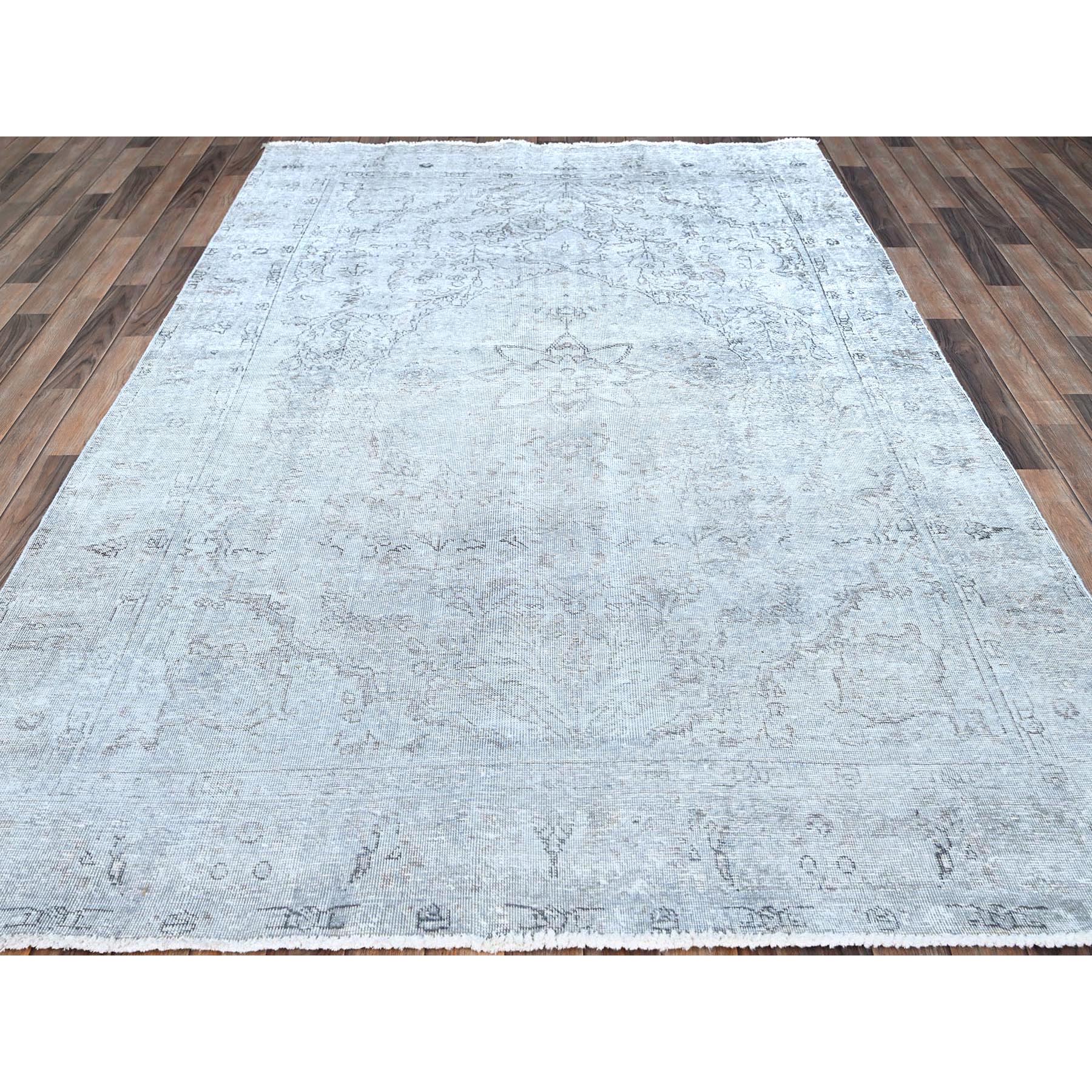 6'x8'10" Blue Gray, Hand Knotted Sides and Ends Professionally Secured and Cleaned, Vintage Persian Tabriz, Cropped Thin, Sheared Low, Evenly Worn, Shiny Wool, Oriental Distressed Rug HR86937 - Image 3
