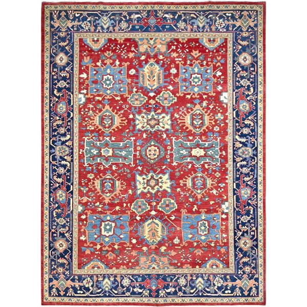 9'10"x13'1" Ruby Red With Lapis Lazuli Blue, Afghan Peshawar Serapi Heriz with All Over Motifs Design, Vegetable Dyes, Hand Knotted Organic Wool, Denser Weave, Oriental Rug HR86962