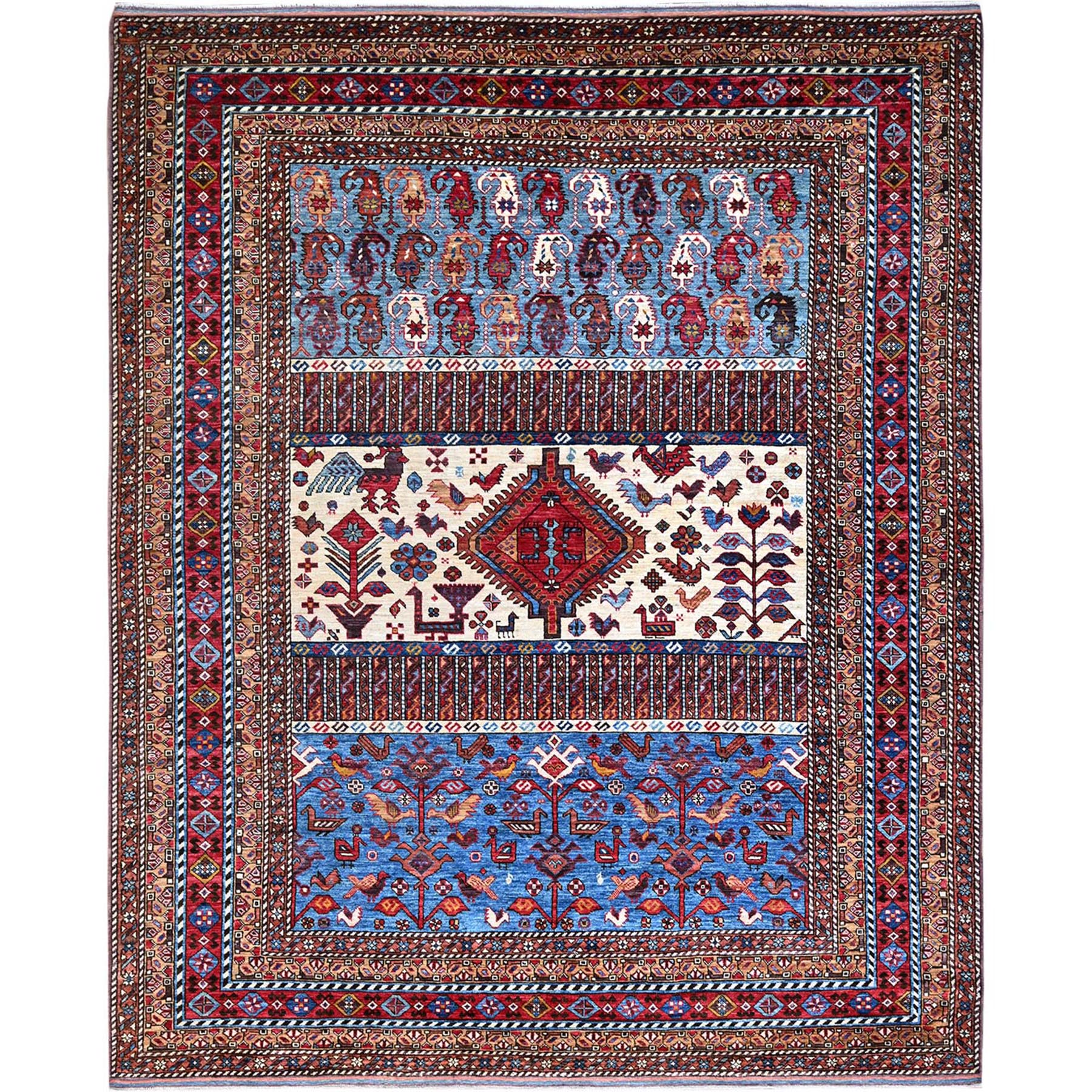 8'9"x10'5" Lichen Blue, Multiple Borders, Compartmentation Design, Turkish Knot Geometric Pattern, Hand Knotted Small Animals and Birds Figurines, Shiny Wool, Oriental Rug HR86977