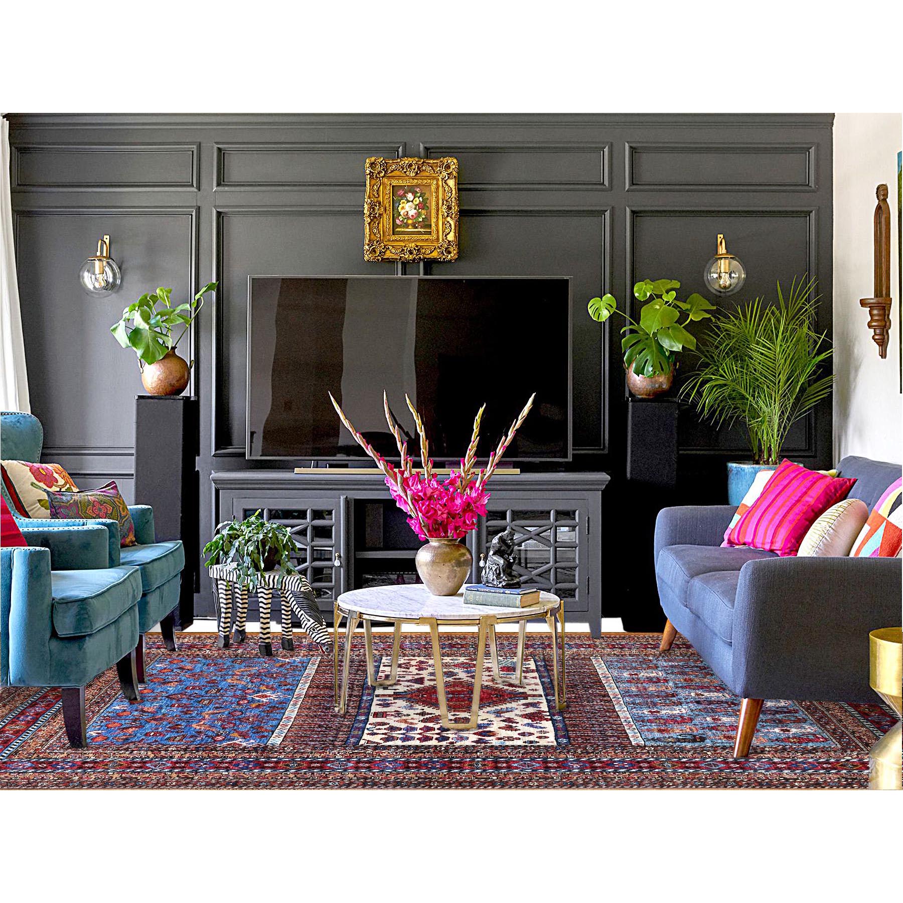 8'9"x10'5" Lichen Blue, Multiple Borders, Compartmentation Design, Turkish Knot Geometric Pattern, Hand Knotted Small Animals and Birds Figurines, Shiny Wool, Oriental Rug HR86977 - Image 2