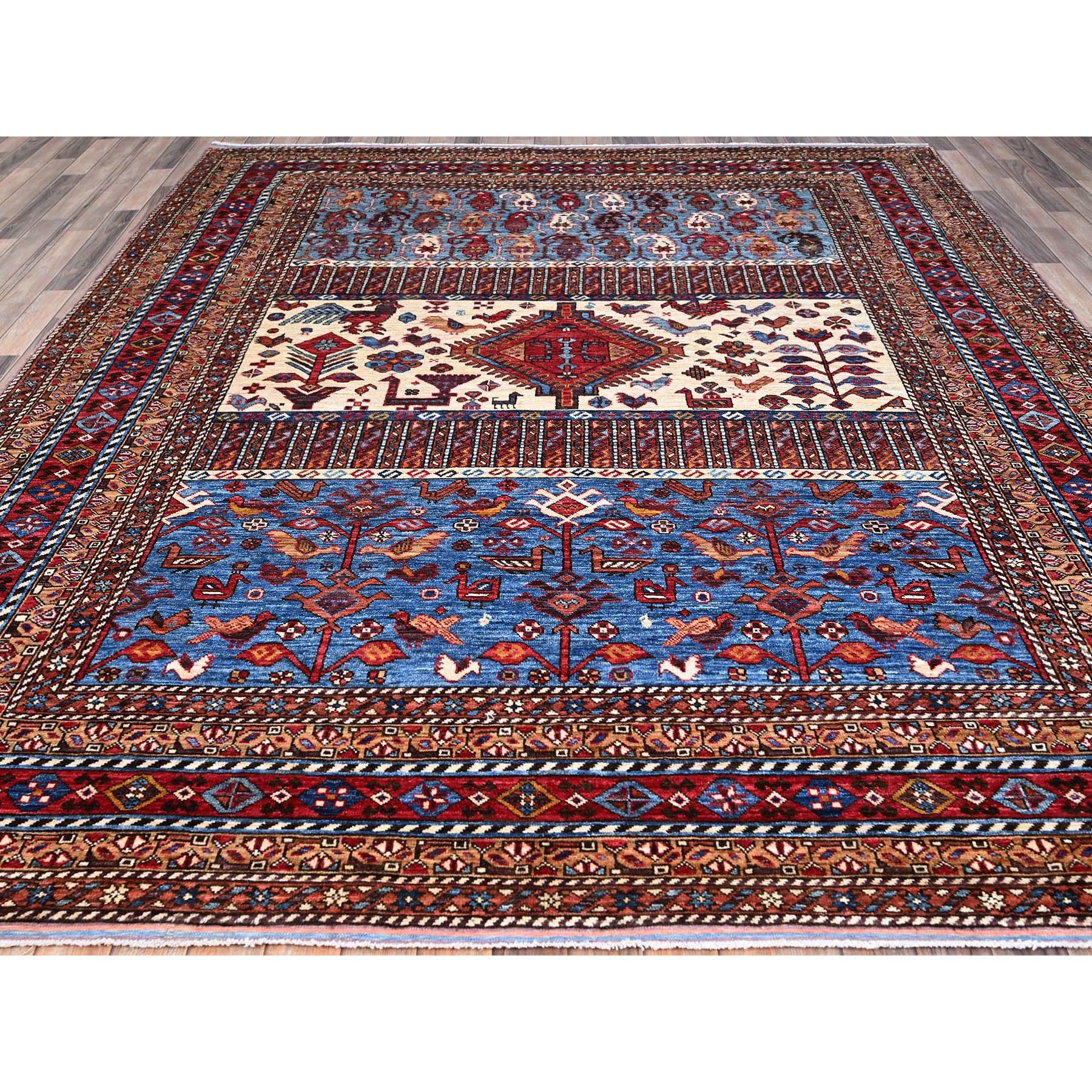 8'9"x10'5" Lichen Blue, Multiple Borders, Compartmentation Design, Turkish Knot Geometric Pattern, Hand Knotted Small Animals and Birds Figurines, Shiny Wool, Oriental Rug HR86977 - Image 3