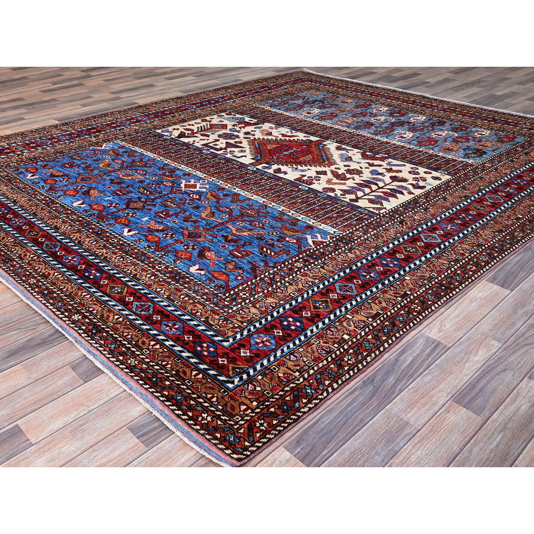 8'9"x10'5" Lichen Blue, Multiple Borders, Compartmentation Design, Turkish Knot Geometric Pattern, Hand Knotted Small Animals and Birds Figurines, Shiny Wool, Oriental Rug HR86977 - Image 4